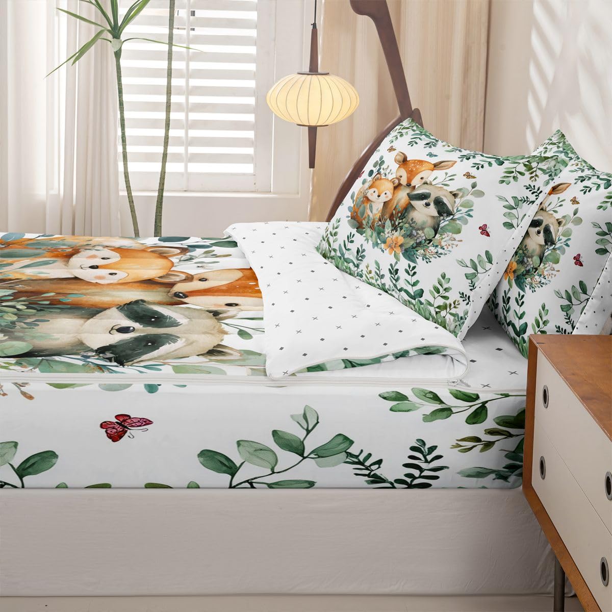 Erosebridal Cartoon Animals Zippable Comforter Fox Raccoon Wildlife Twin Bedding Green Leaves Botanical Zipper Bed Set with Sheets Cute Jungle Wild Animal Bed in a Bag Bedroom Decor