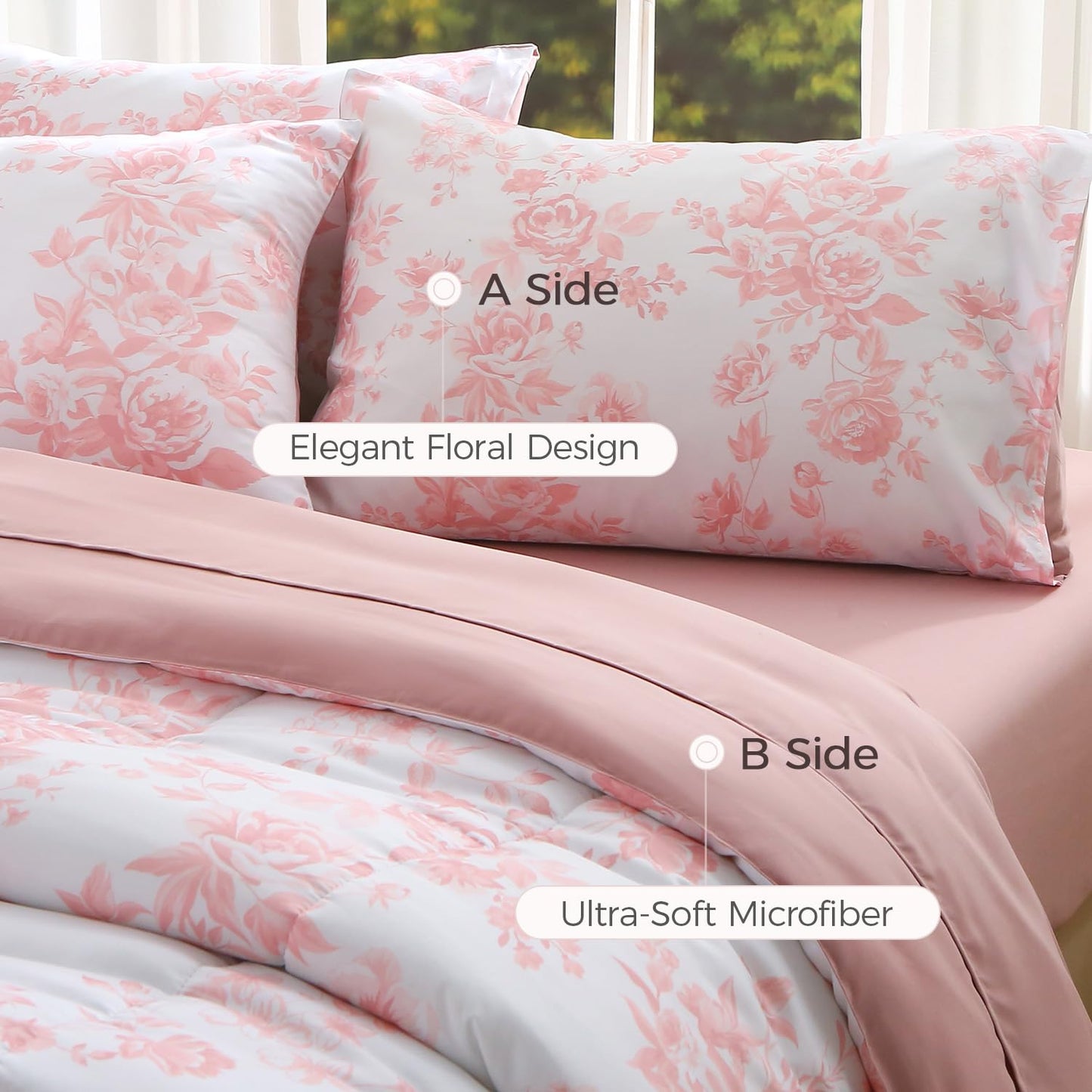 JQinHome Queen Comforter Set - 6 Pieces Reversible Pink Rose Floral Bedding Set, Bed in a Bag with Solid Pink Back Microfiber Comforter, Sheets & Cushion Cover, Edredones Queen Set Completo