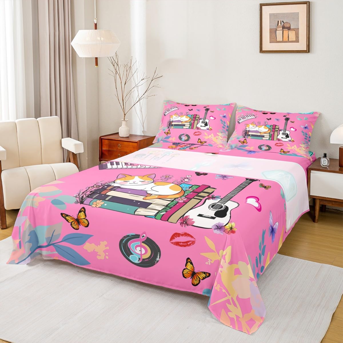 Erosebridal Music Themed Bed Sheets Set King Butterfly Sheet Set Music Book Cat Sheets for Fans Modern Fashion Pink Flat Fitted Sheet Birthday Valentines Day