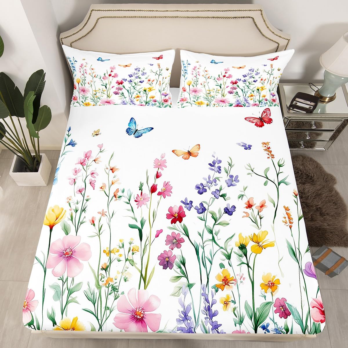 jejeloiu Butterfly Fitted Sheet with 1 Pillowcase Twin Size Cute Floral Bed Sheets Set 16" Deep Pocket Boys Girls Wildflower Flower Floral Bedding Butterflies Print Teens Bedroom Decor
