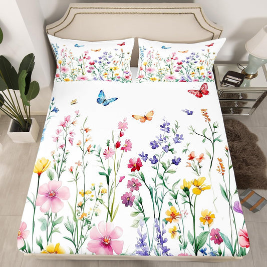 jejeloiu Butterfly Fitted Sheet with 1 Pillowcase Twin Size Cute Floral Bed Sheets Set 16" Deep Pocket Boys Girls Wildflower Flower Floral Bedding Butterflies Print Teens Bedroom Decor
