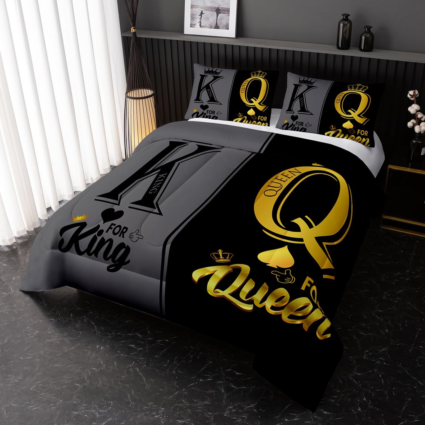 Nttopship King and Queen Crown Comforter Set Black and Gray Couple Bedding Set，3Pcs Mr Mrs Comforter Set for Adults Couple Men Women,His and Hers Quilt Set 2 Pillowcases Bedroom Decor Twin
