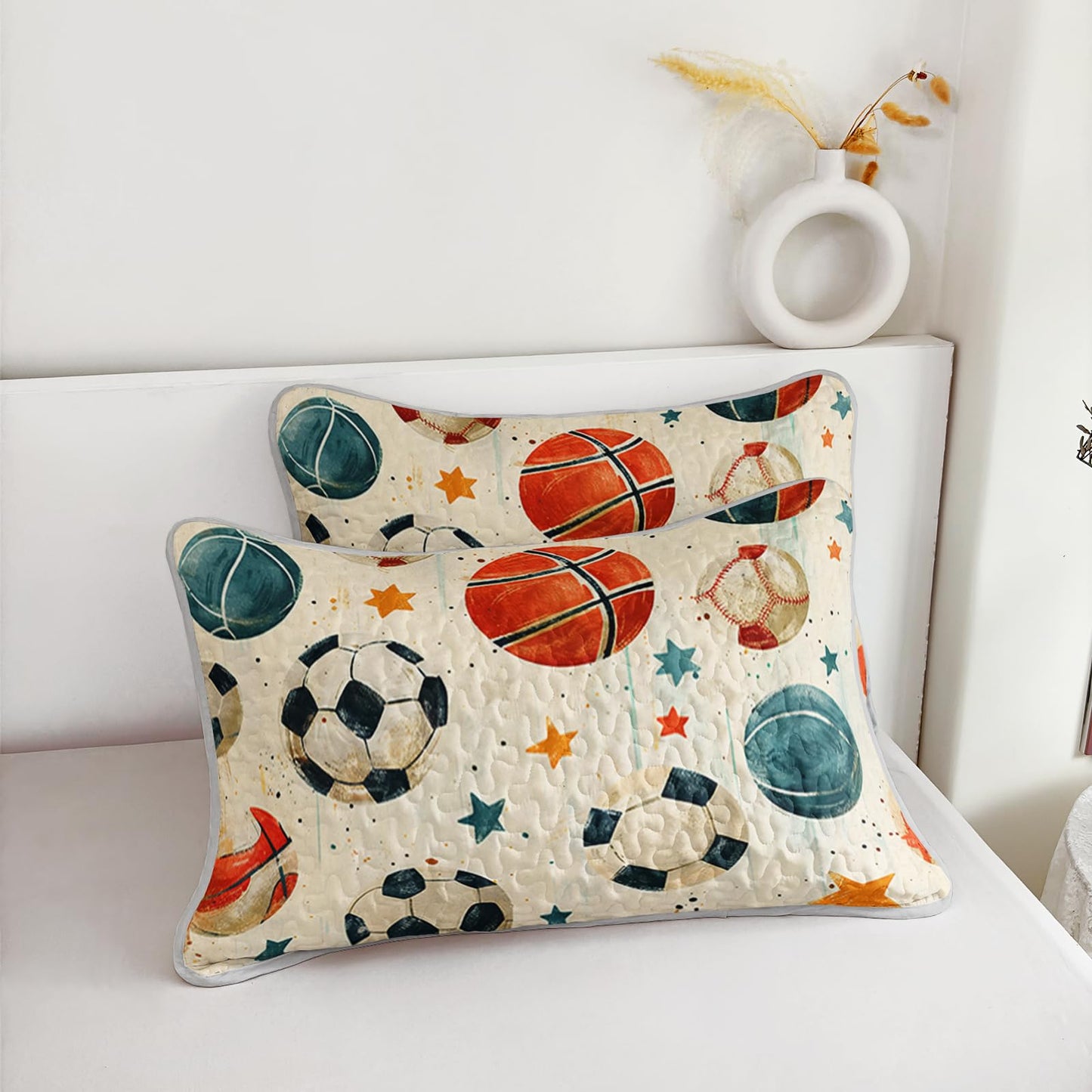 AILONEN Full Quilted Comforter Set 3 Piece, Hand-Drawn Ball Game Bedspread Coverlet with 2 Pillowcases, Soft Sporty Bedding for Teens Guest Apartment Beige Sketchy Starry Theme Athletic