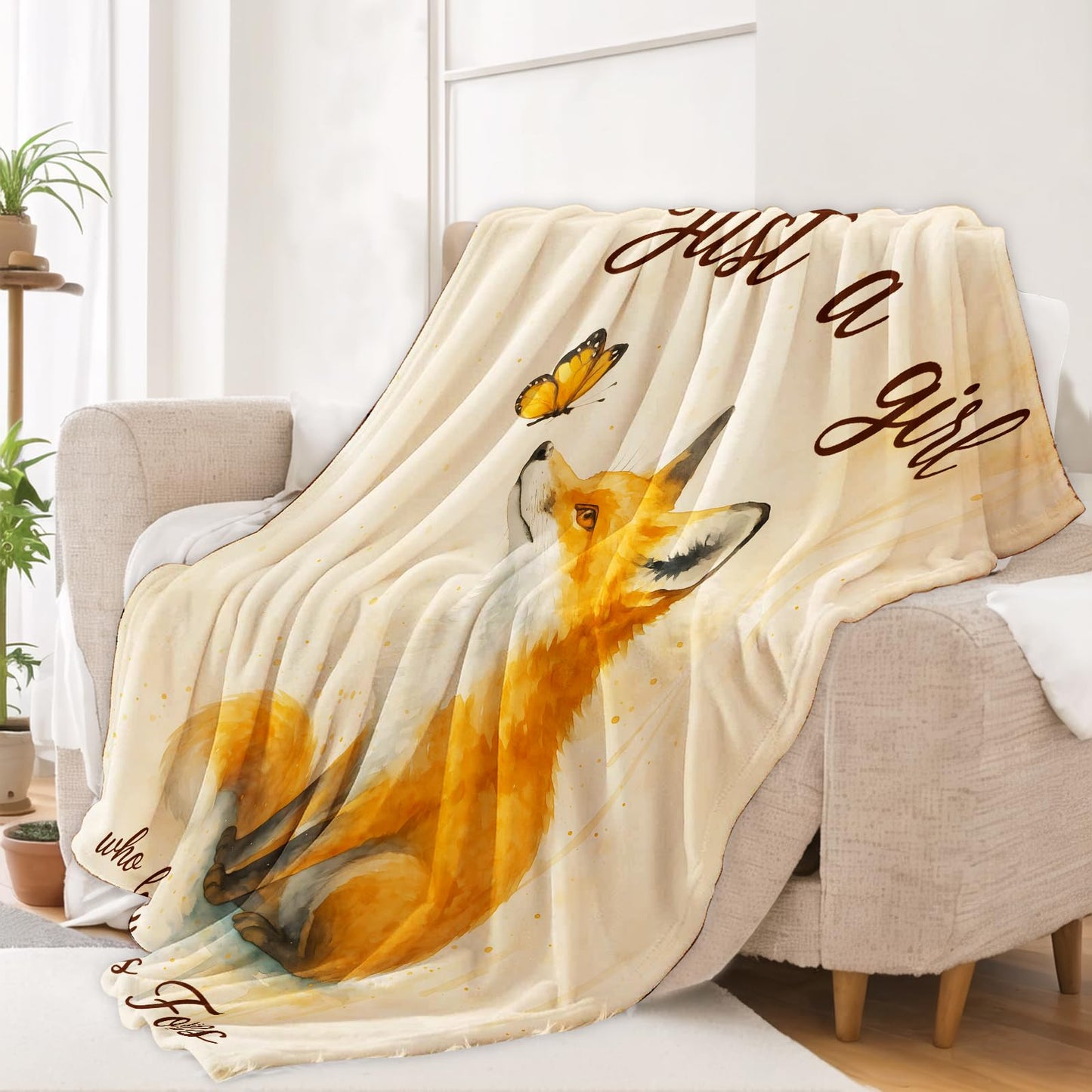 PLKRL Cute Fox Blanket, Soft Cozy Lightweight Flannel Throw Blanket for Living Room Bedroom Travel Home, Whimsical Decor, 50x60 Inch, Animal and Butterfly Blankets Gifts for Women Kids Girls