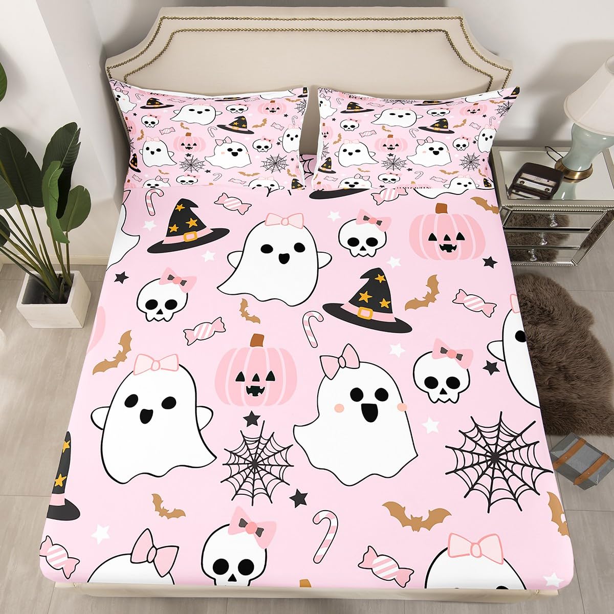 Feelyou Cute Halloween Pink Twin Size Bedding Set Decoration Toddlers Teens Adults Pumpkin Ghost Kawaii Sheets Set Kids Autumn Happy Fitted Sheet Pink Bed Sheet Set Collection
