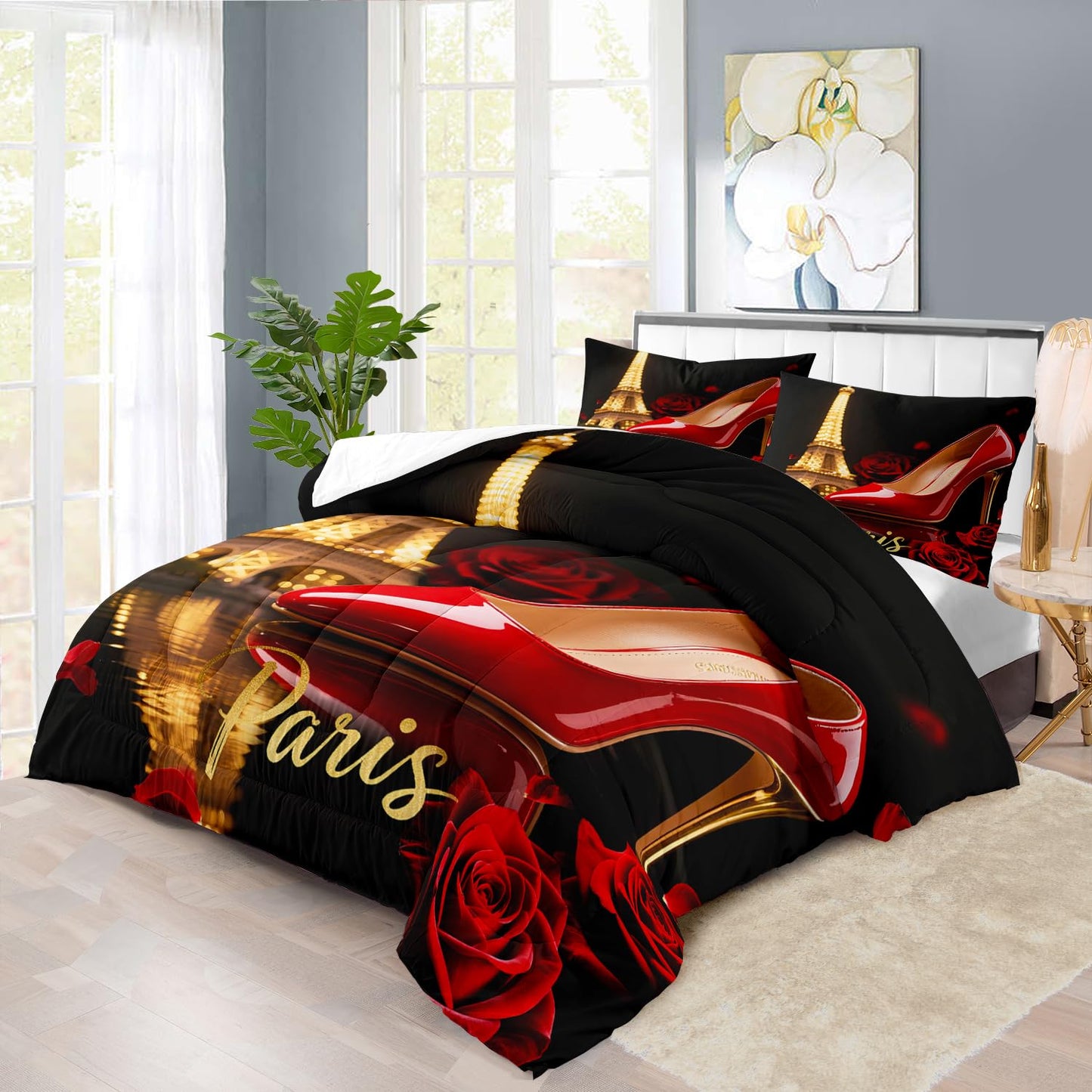 llyxsesty Paris Comforter Set Queen Women Eiffel Tower Bedding Set for Girls Red High Heels Comforter Queen Women Quilt Romantic Bedroom Decor Paris Bedding Rose Bed Decor