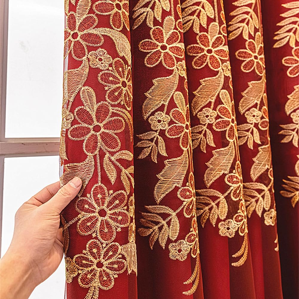 Amidoudou 1 Pair European Double Layer Curtains with Valance for Living Room Bedroom Red Luxury Embroidered Curtains (Red,51x90 Inch)