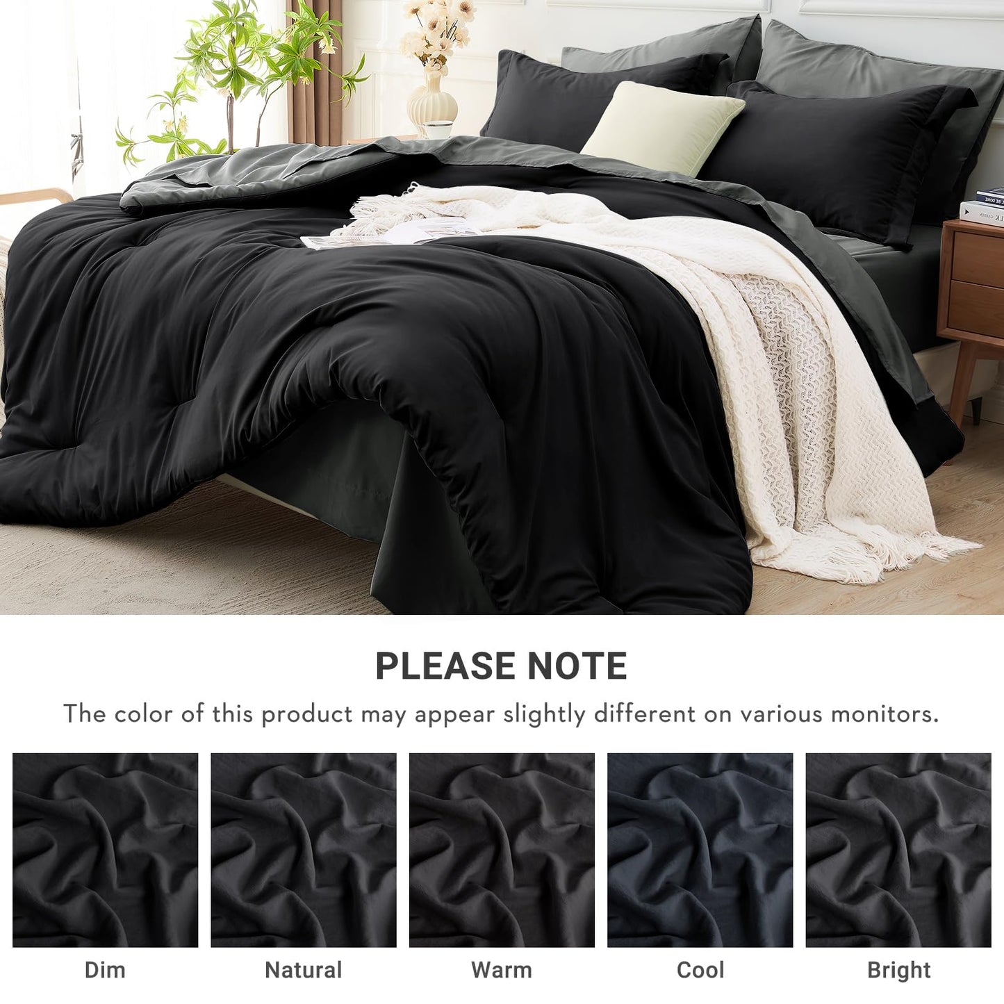 MUXHOMO 7 Pieces King Comforter Set, Soft Bed in a Bag King Size, All Season Bedding Set with Comforter, Flat Sheet, Fitted Sheet, Pillowcases & Shams, Black & Grey