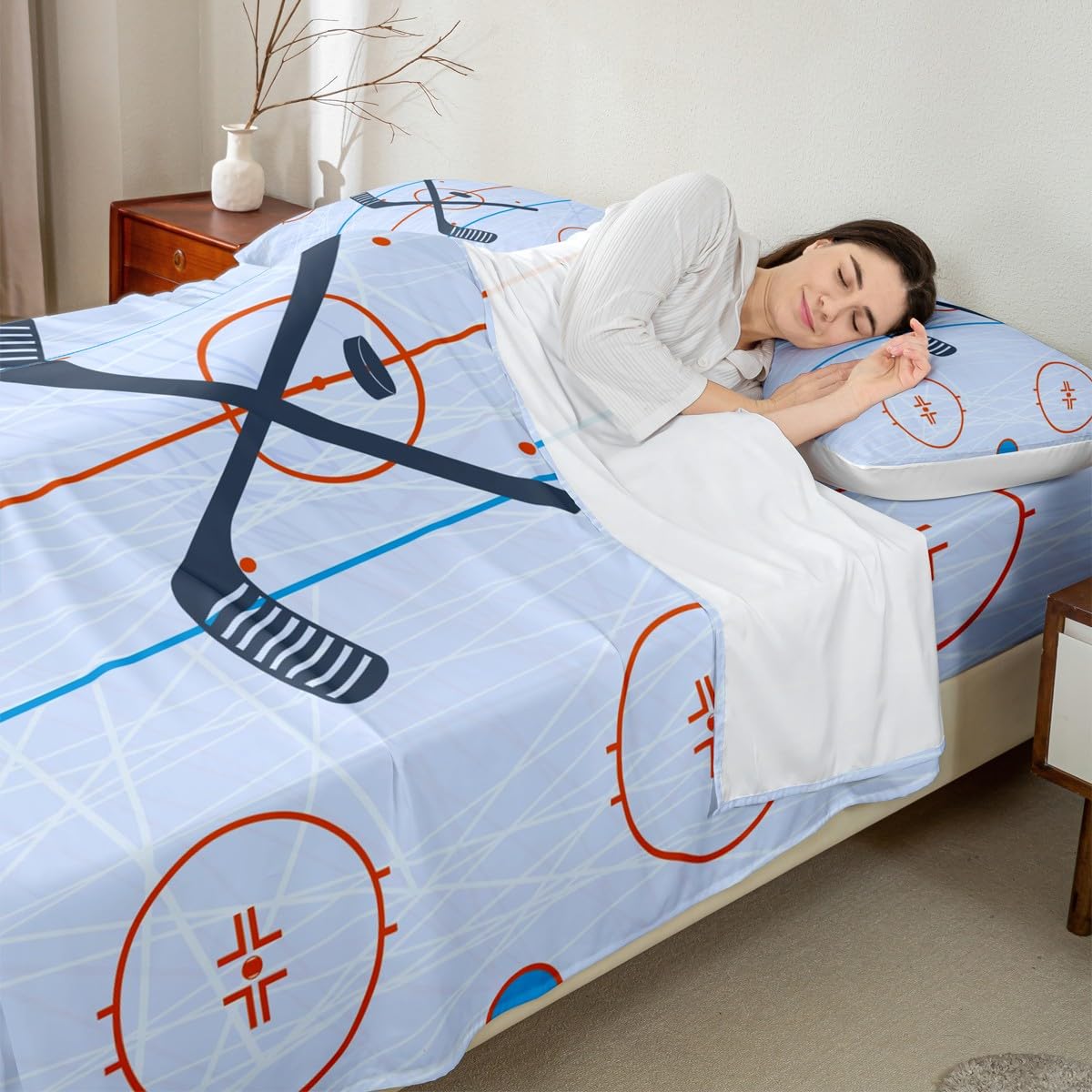 Ice Hockey Kids Sheet Full Size,Hockey Stadium Rink Bedding Set for Boys Girls Adults,Winter Event Ball Games Lovers Modern Stylish Bed Sheet Set 4pcs(Fitted Sheet + Flat Sheet + 2 Pillowcases)