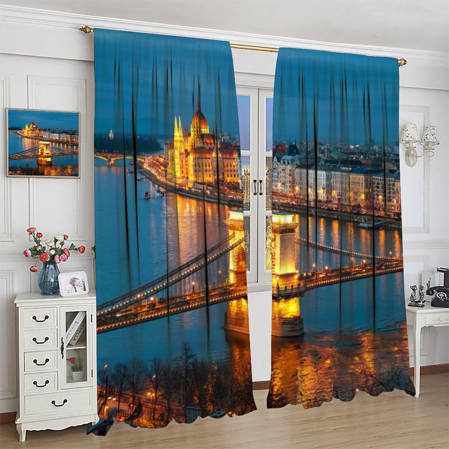 City Skyline Curtains, Blue Gold Bridge River Night View Print, Rod Pocket Light Filtering Window Drapes for Living Room Bedroom, 20.5" W x 44.5" L, 2 Panels （No Blackout）