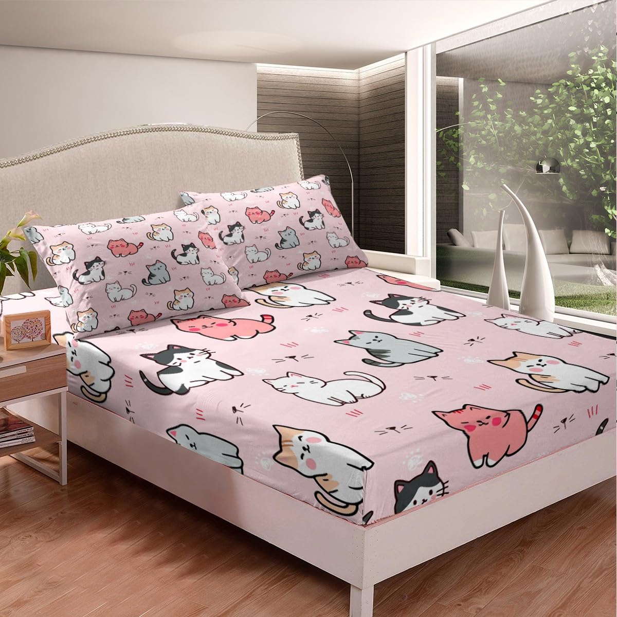 Erosebridal Cartoon Cat Bed Sheets,Kids Girls Pet Bedding Sets Queen Size,Cute Colorful Kitten Sheet Set for Teens Boys,White Cat Paw Print Flat Sheet with 2 Pillow Shams Pink