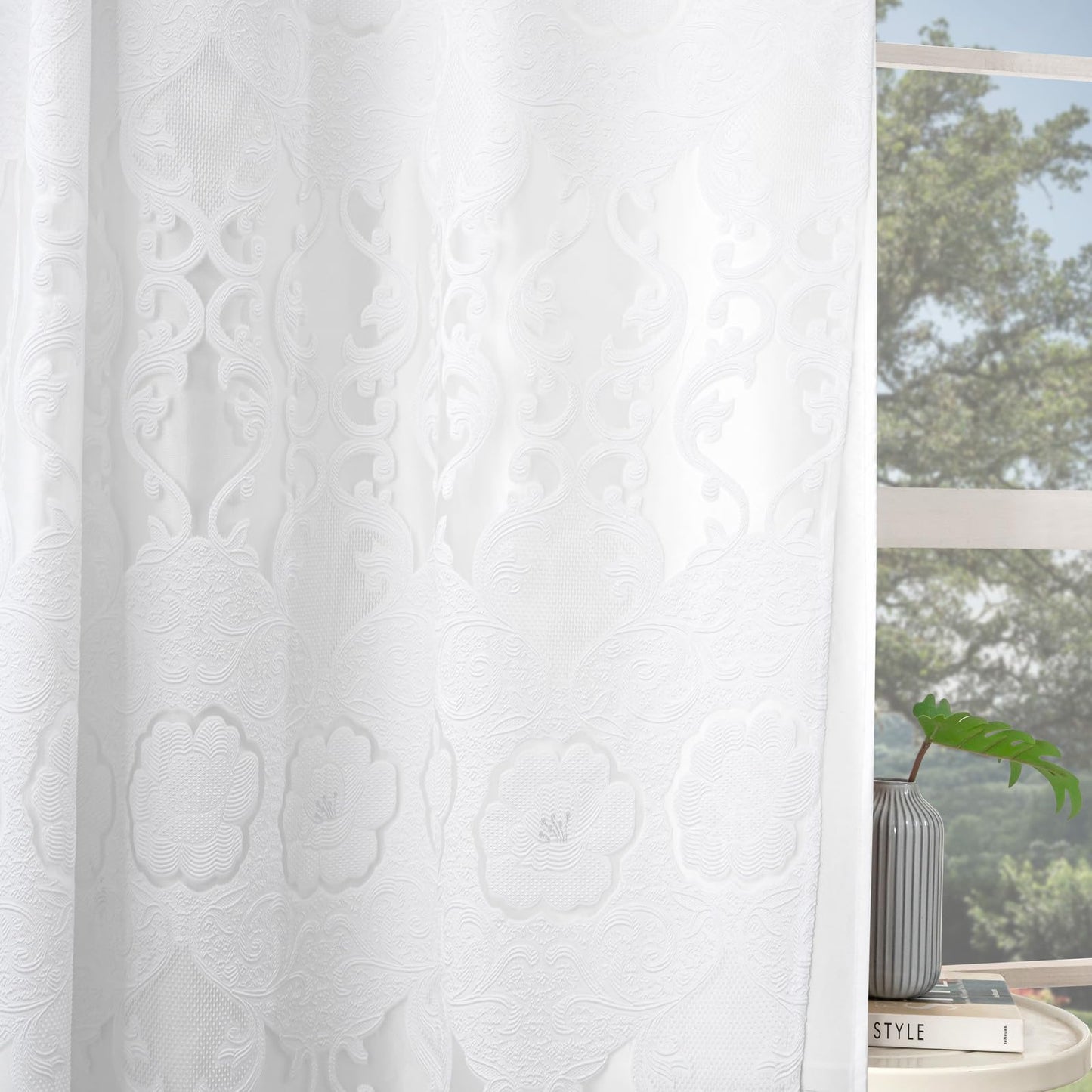 Petrichor White Sheer Jacquard Voile Curtains （54" W x 84" L）, 2 Panels with Attached Valance, Double Layer Floral Cutwork Design with Luxurious Texture, Rod Pocket, for Bedroom & Living Room