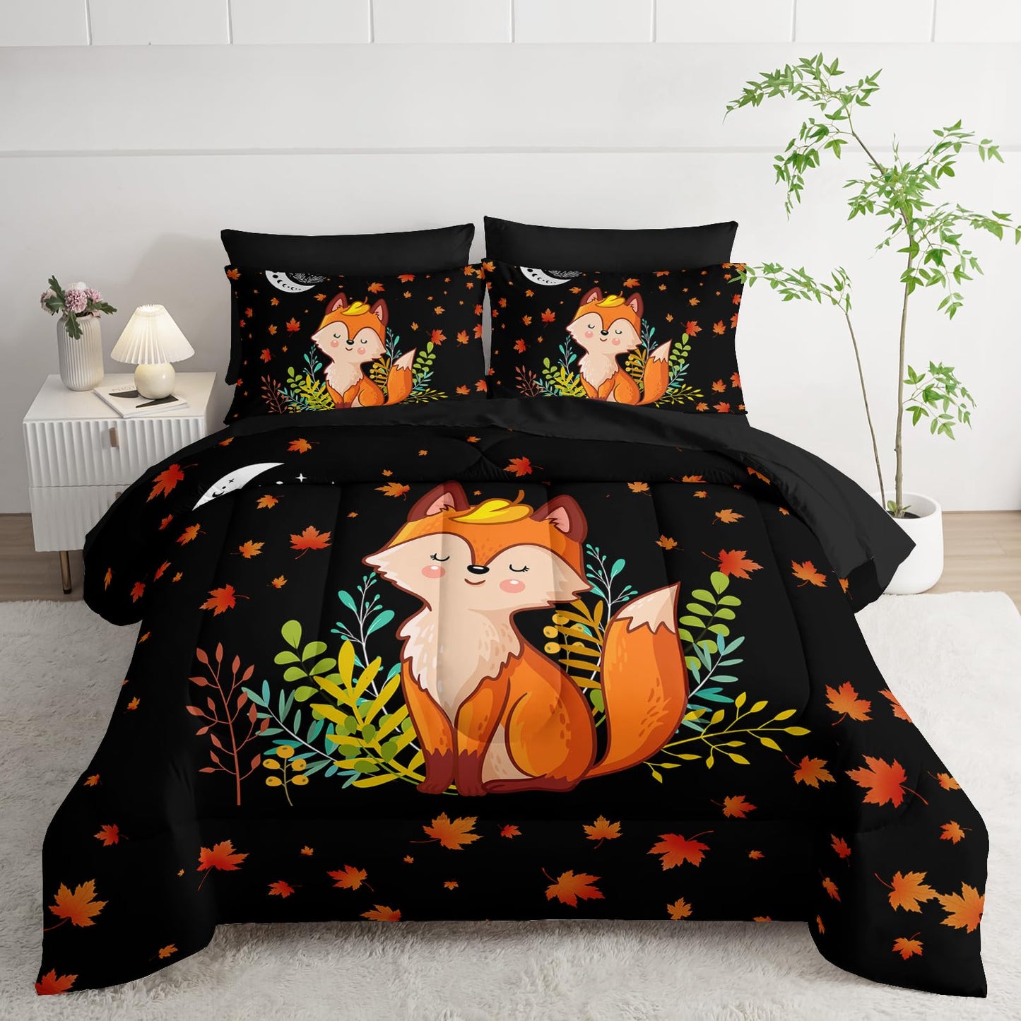 XYNHML Cartoon Fox Comforter Set 7Pcs Cute Fox Bedding Set for Kid Boy Girl Adult Moon Plants Leaves Printed Quilt Set Twin with 2 Sheets,2 Pillowcases,2 Throw Pillow Covers