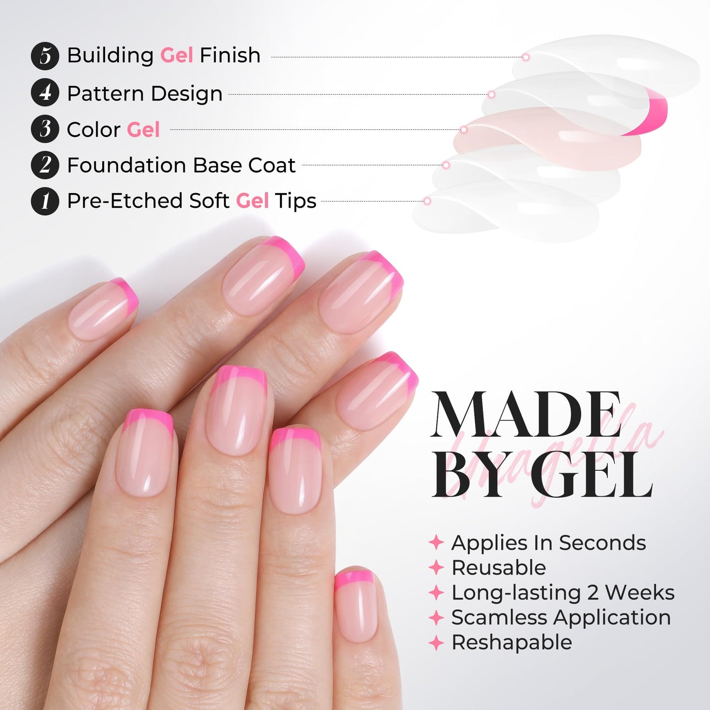UNA GELLA 32Pcs Soft Gel Press on Nails - 16 Sizes Hot Pink French Tip Short Square Glue on Nails, Reusable Nude Pink False Nails, Full Cover Acrylic Nail Kit for Women DIY Home Manicure