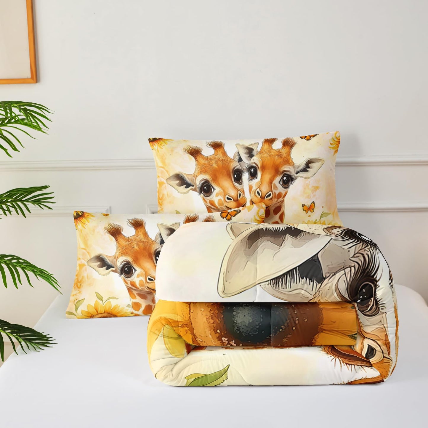 lneffble Sunflower Giraffe Comforter Set Twin Size for Girls,Yellow Giraffe Bedding Set,Flower Butterfly Print Animals Bedding Set,Wildlife Quilt Set,Leopard Pattern Bed Comforter Set