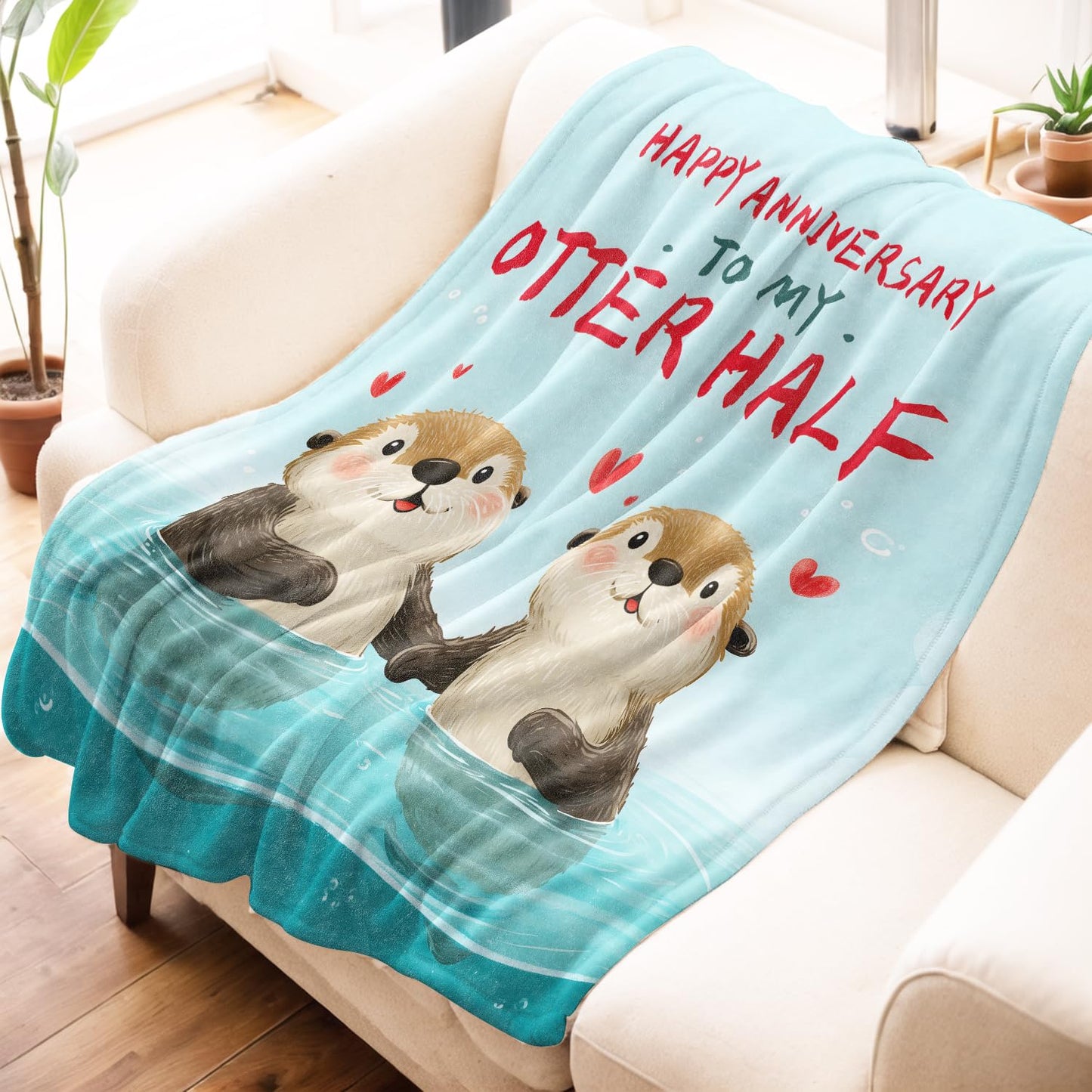 Mniedc Otter Couple Anniversary Blanket, Cute Animal Love Flannel Throw Blankets, 50"x60", Soft Warm Lightweight Fuzzy Cozy Throws for Couch Bed Sofa Decorative Gifts for Valentine Wife Husband, Blue