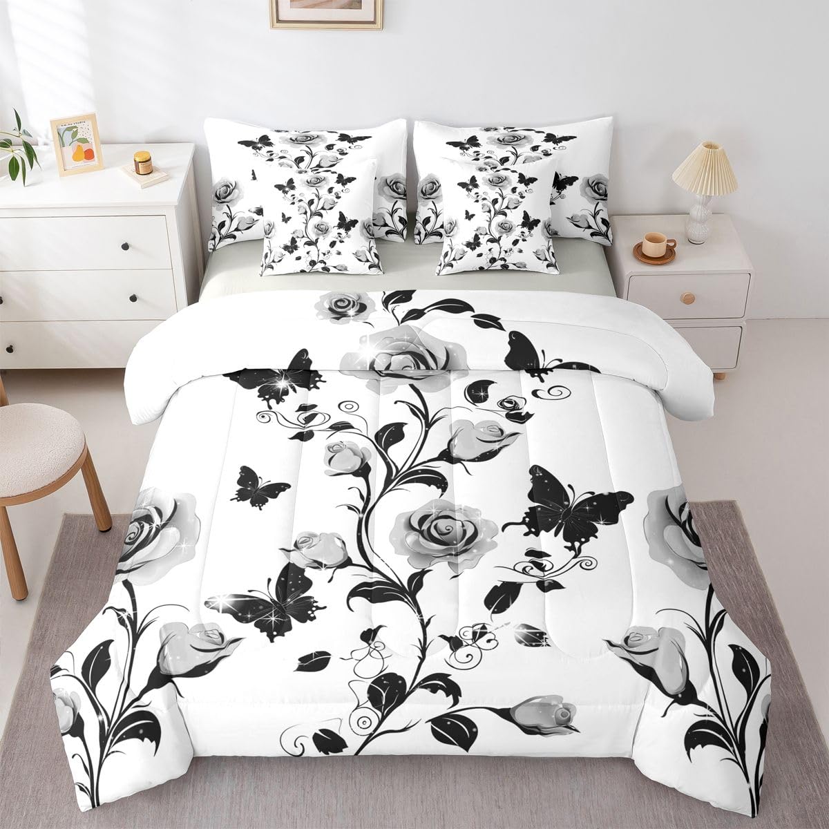 Erosebridal Rose Comforter Sets with Sheets - Romantic Roses Bedding Set Full for Boys Girls Flower Pattern 7Pcs Bed in A Bag Watercolor Silver Grey Bed Set
