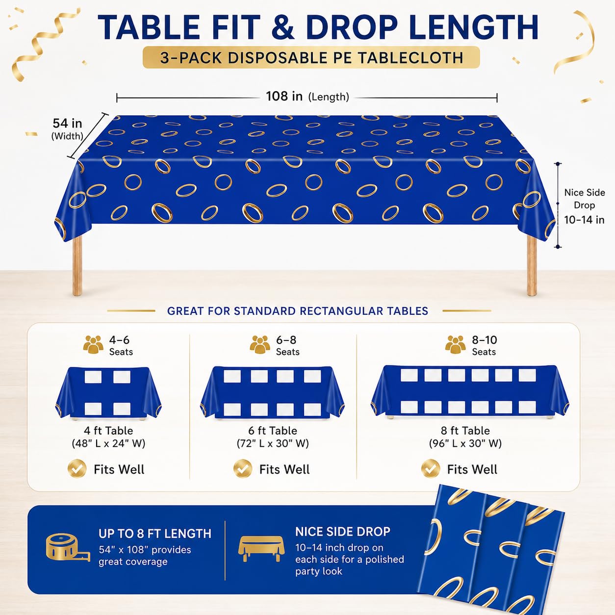 ANLLECR 3Pcs 108 x 54 Inches Blue with Gold Ring Print Tablecloth，Blue Disposable Rectangle Plastic Table Cover for Boys Girls Birthday Party Decoration