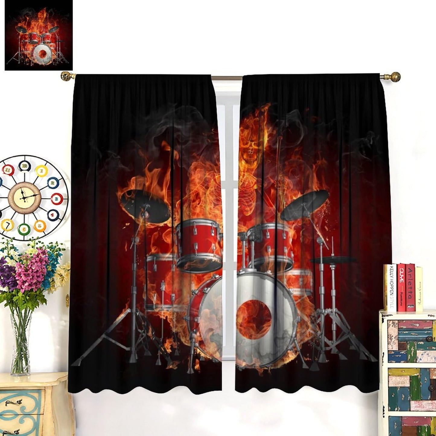 Music Curtain, Skeleton Flame Drums Hell of A Drummer Rock Music Theme Window Treatments Drapes for Boys Girls Teens Bedroom Living Room 42" W X 45" L(No Blackout)