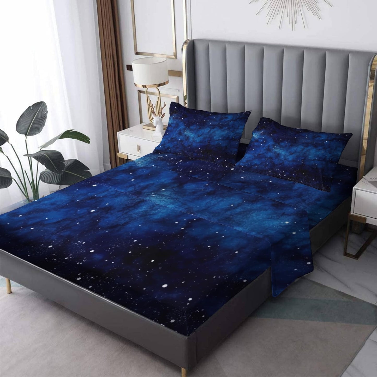 zcsm Galaxy Sheets King Size - Navy Blue Bed Sheets, Soft Microfiber & Deep Pocket & Wrinkle Free Patterned Bedding Sheets & Pillowcases, 4 Piece (1 Fitted Sheet, 1 Flat Sheet, 2 Pillow Cases)