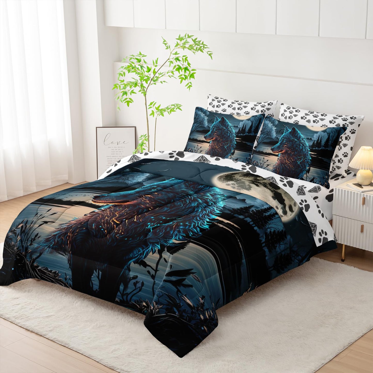 AILONEN Boys Wolf Comforter Set Twin Size,7-Piece Soft Bed in a Bag,Safari Animal Wolf Comforter & Fitted Sheet & Flat Sheet & 2 Pillowcases,2 Pillow Shams for Room