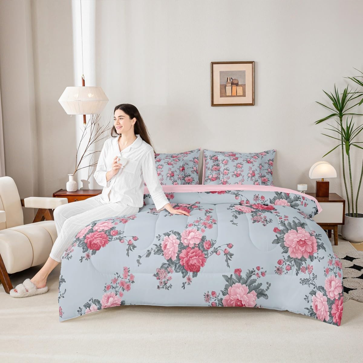 jejeloiu Flower Printed Twin Comforter Set with Sheets for Kids Boys Girls Luxury 7 Pieces Bedding Set Leaves Bed in a Bag Room Decor Soft Lightweight Microfiber
