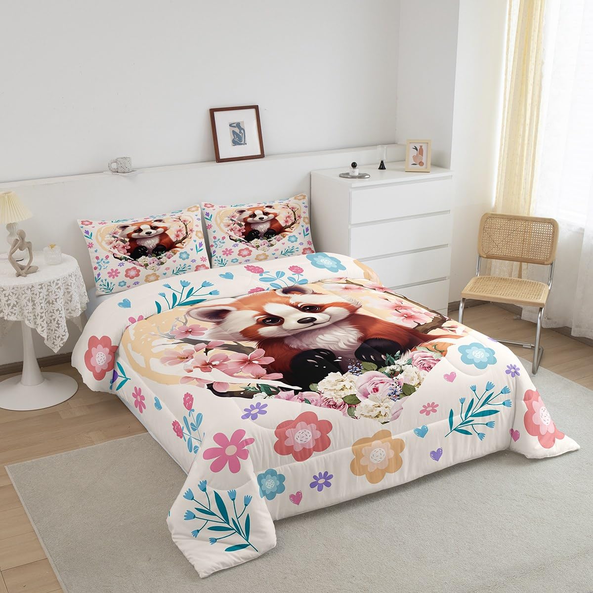 Manfei Red Panda Twin Size Comforter Set for All Seasons,Nature Wild Animal Cherry Blossom Bedding Set Bedroom Decor,Cute Flowers Leaves Yellow Heart Graffiti Comforter Inner Fill with 1 Pillow