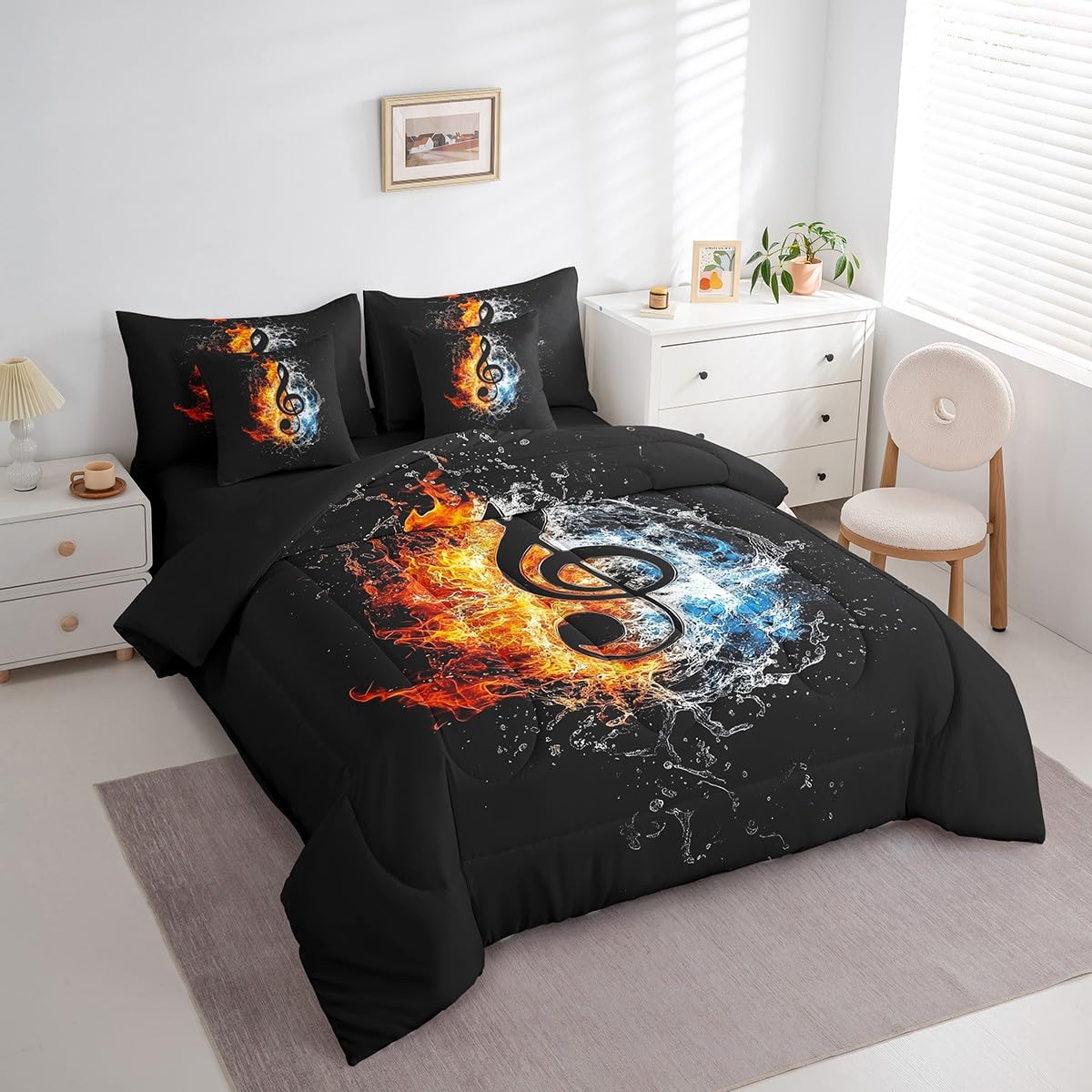 Feelyou Music Comforter Set with Sheets Queen Size Popstar Party Bed in a Bag for Boys Girls Teens Dark Black 7 Pieces Bedding Set Soft Lightweight Microfiber