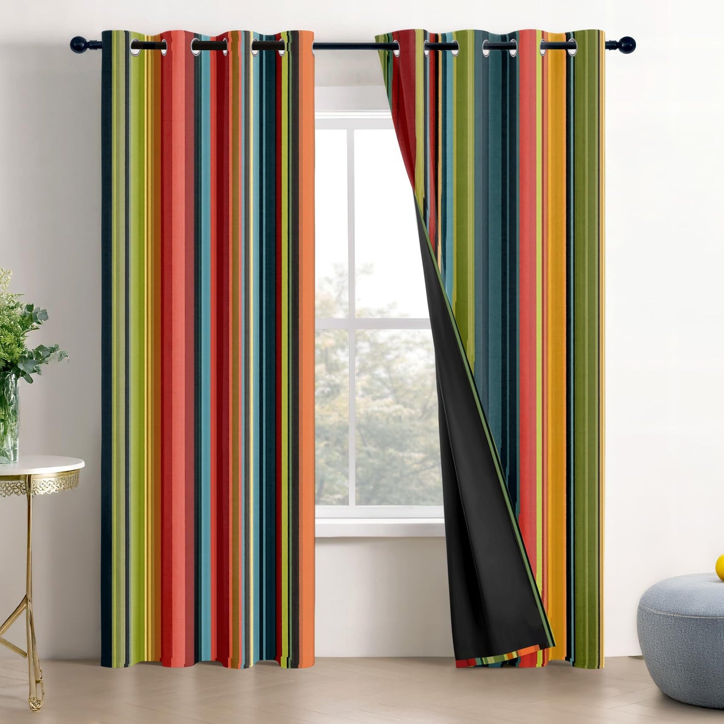 Solvivae Boho Blackout Curtains 63 Inch Length, Boho Colorful Stripes Curtains for Bedroom Living Room, Room Darkening Thermal Insulated Grommet Drapes, Patterned Window Treatments