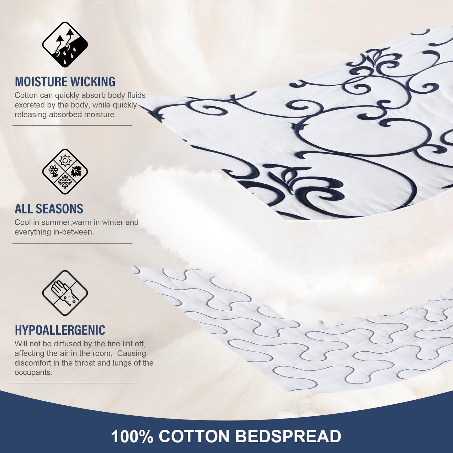 FineStichery Oversized King Bedspread 128"x120" - 100% Cotton California King Quilt, Embroidered Bedspread Coverlet with Pillow Shams, Lightweight Quilted Bedding Set 3 Piece, Navy Blue/White