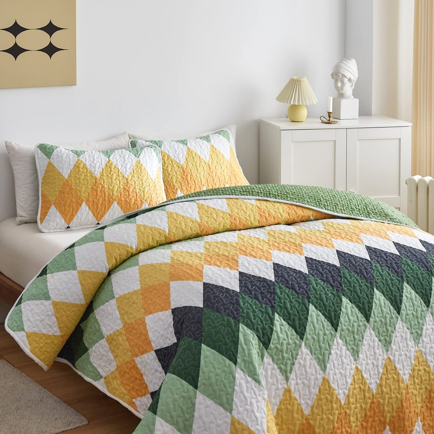 Yellow Green Rhomb Plaid Quilt Set 3pc Queen Size Reversible Coverlet Bedspread Set Soft Microfiber Lightweight Summer Quilt Bedding Set Bed Cover for All Season 88x88