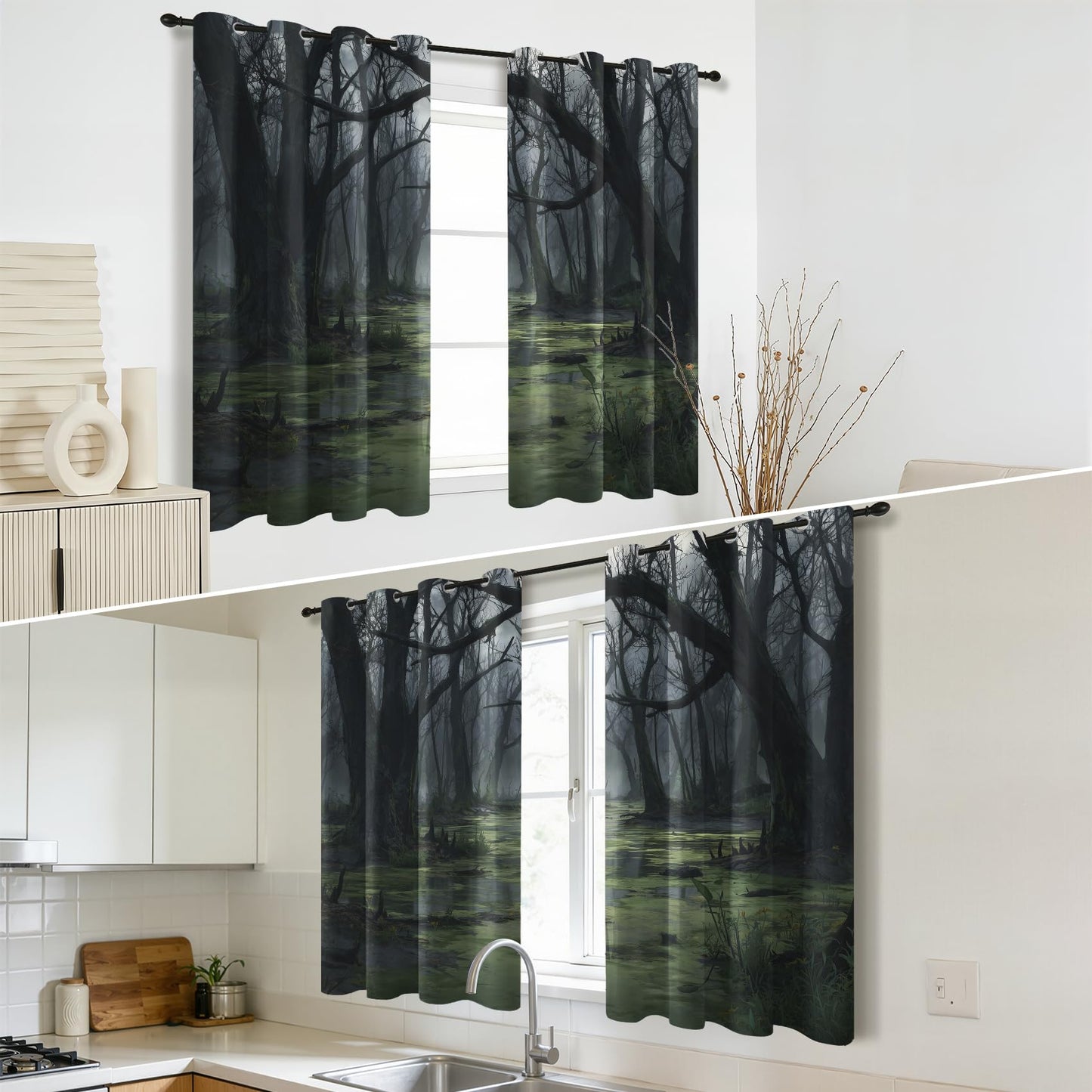 Solvivae Forest Curtains 63 Inch Length, Tree Jungle Gothic Nature Landscape Blackout Curtains for Bedroom Living Room, Room Darkening Thermal Insulated Grommet Drapes, Patterned Window Treatments