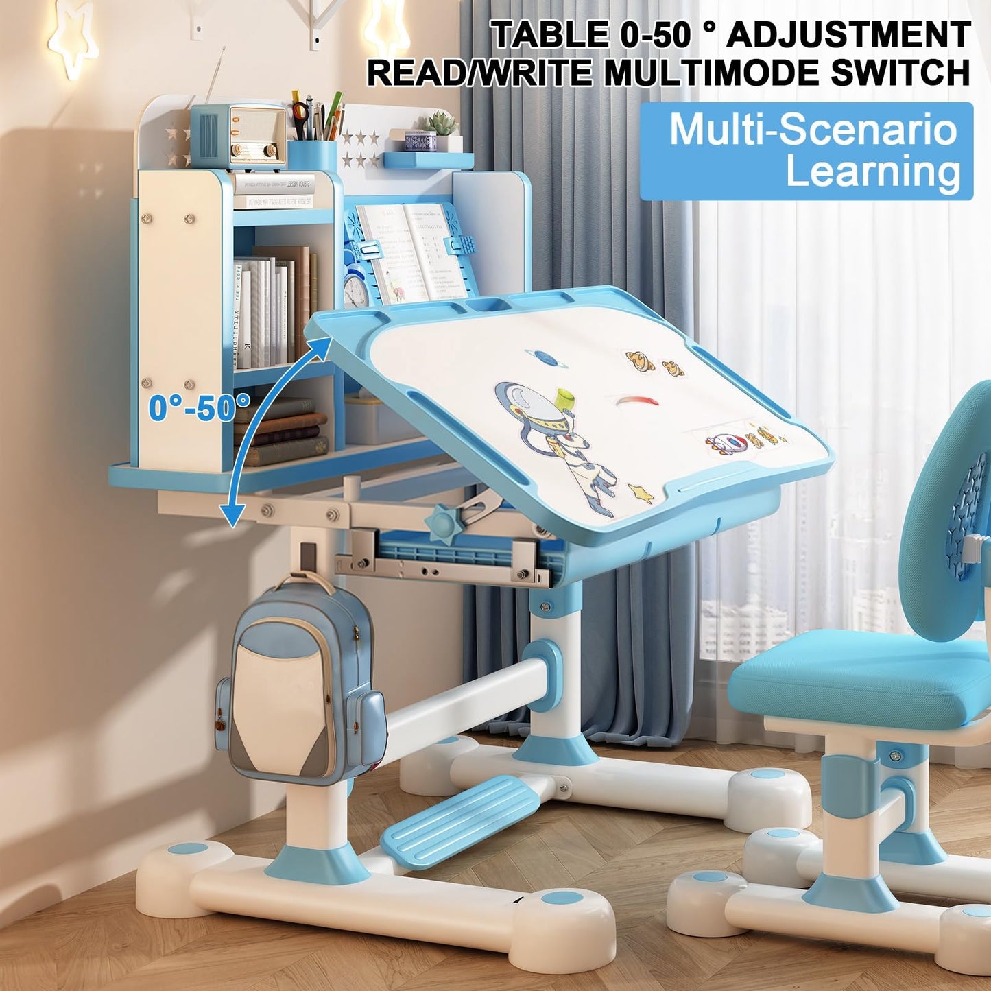 sexaoalx Height Adjustable Study Desk Chair Set for Kids, Children School Study Table Chair Set with Sitting Corrector, Ergonomic Desk Chair with Book Stand, Foot Pedal, Partition Design 2Pcs/Set (P