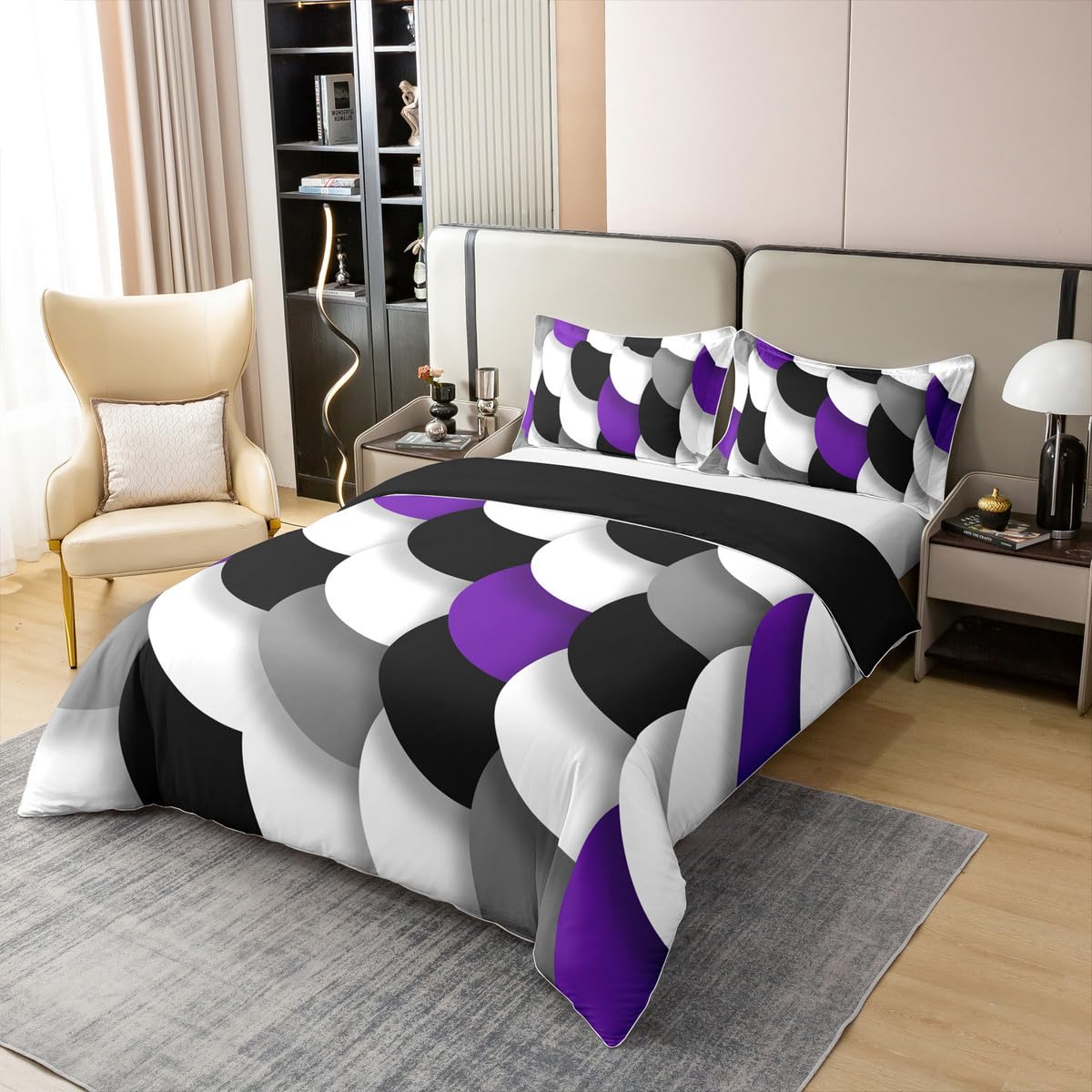 jejeloiu Geometric Bedding Set Queen Size Purple Black White Duvet Cover 100% Cotton for Boys Girls Teens Abstract Art Comforter Cover Soft（No Comforter）
