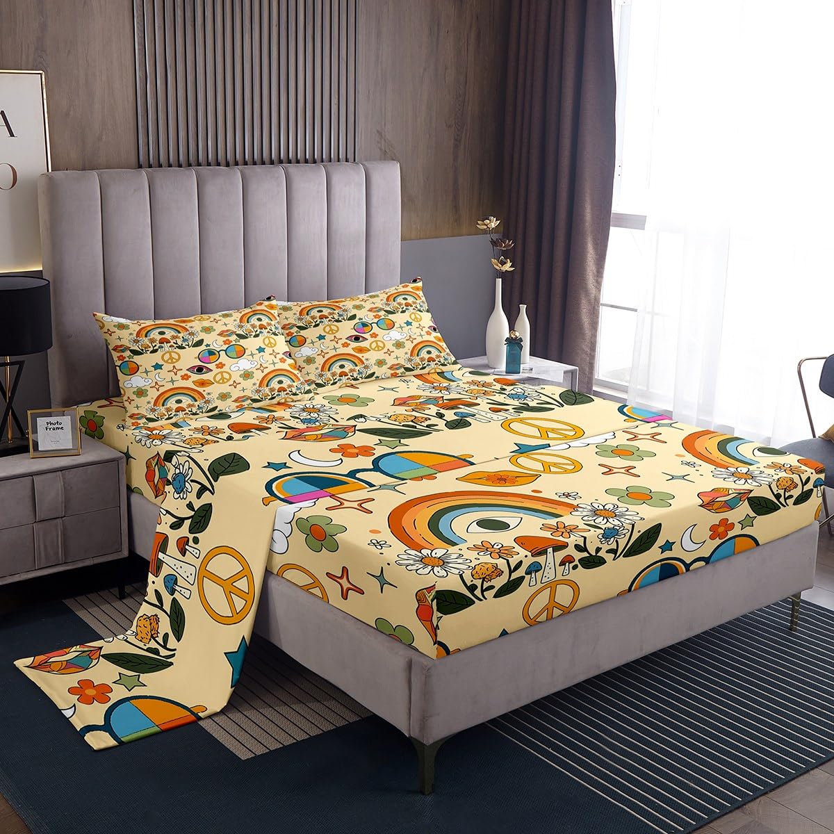 Castle Fairy Kids Retro 70s Hippie Style Bed Sheet Set King Size,Mushroom Bedding Set for Children Adult Present,Rainbow Floral Stars Moon Bedding (1 Fitted,1 Flat,2 Pillowcases), Microfiber
