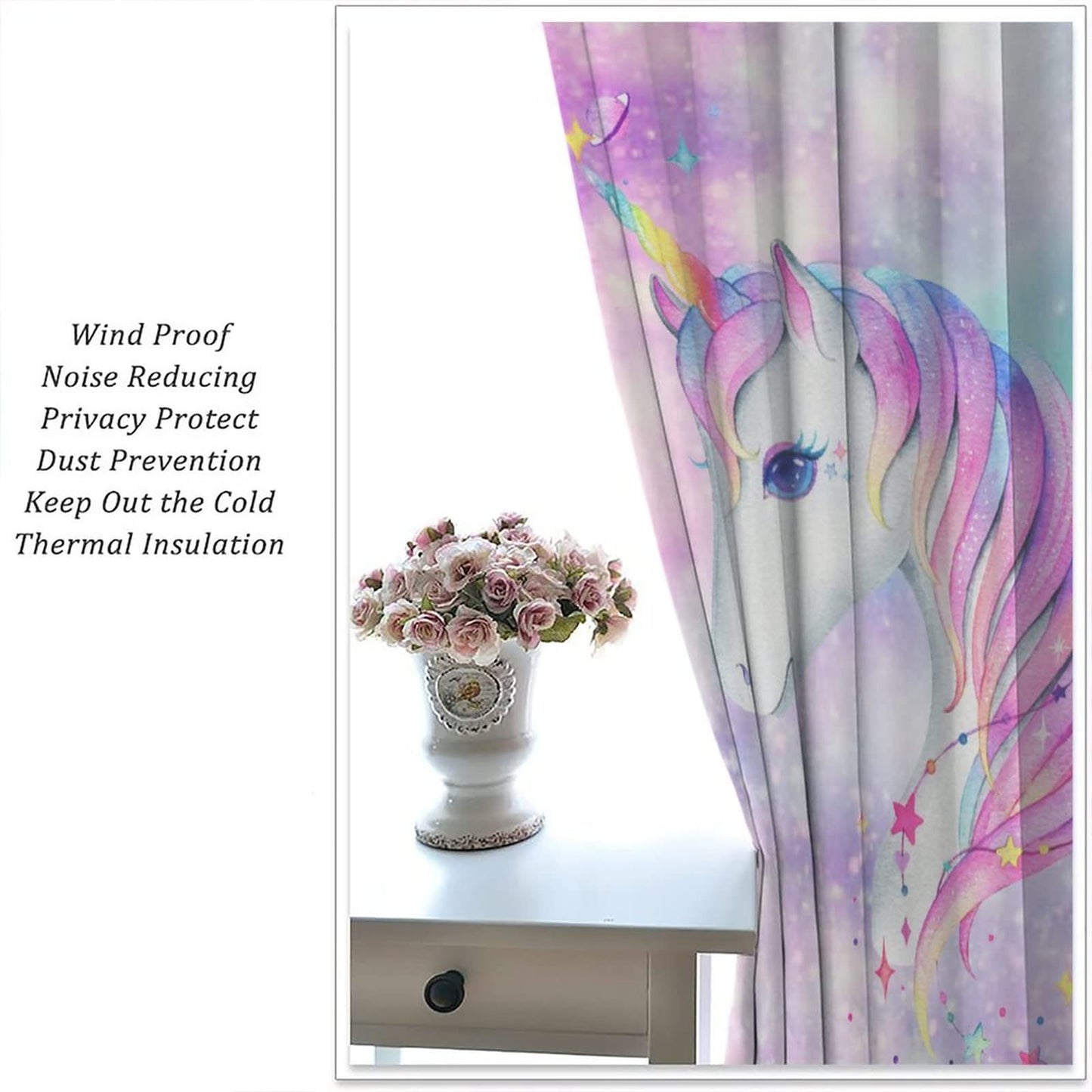 Rainbow Unicorn Bedroom Curtains,Purple Pink Dream Universe Starry Sky Kids Bedroom Living Room Window Treatments Curtains 42x45 Inch
