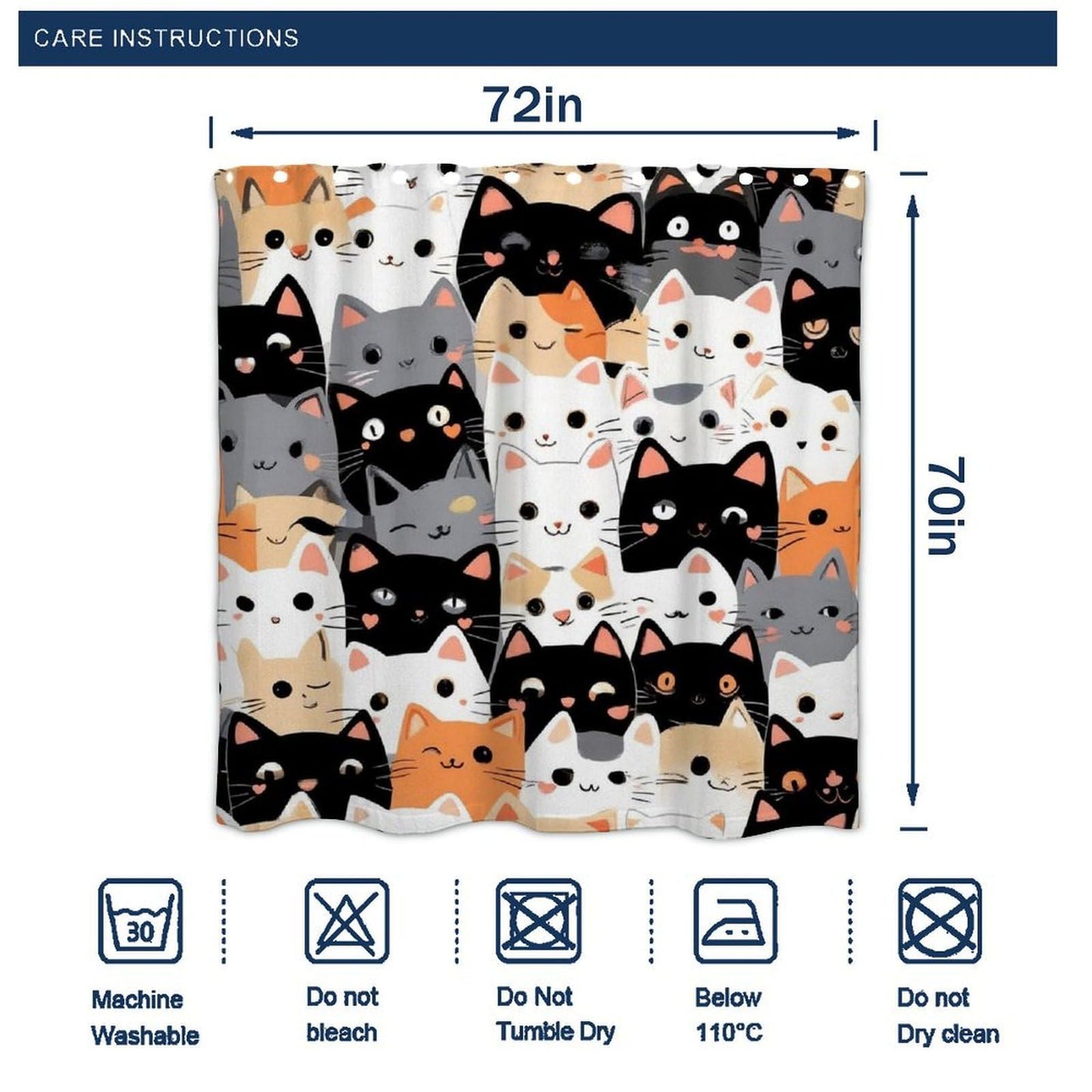 Meaudiwes Shower Curtain Set, Cute Cat Kitten Head Cartoon Cats Bathroom Decoration with Curtain Hooks, 72"x 70"