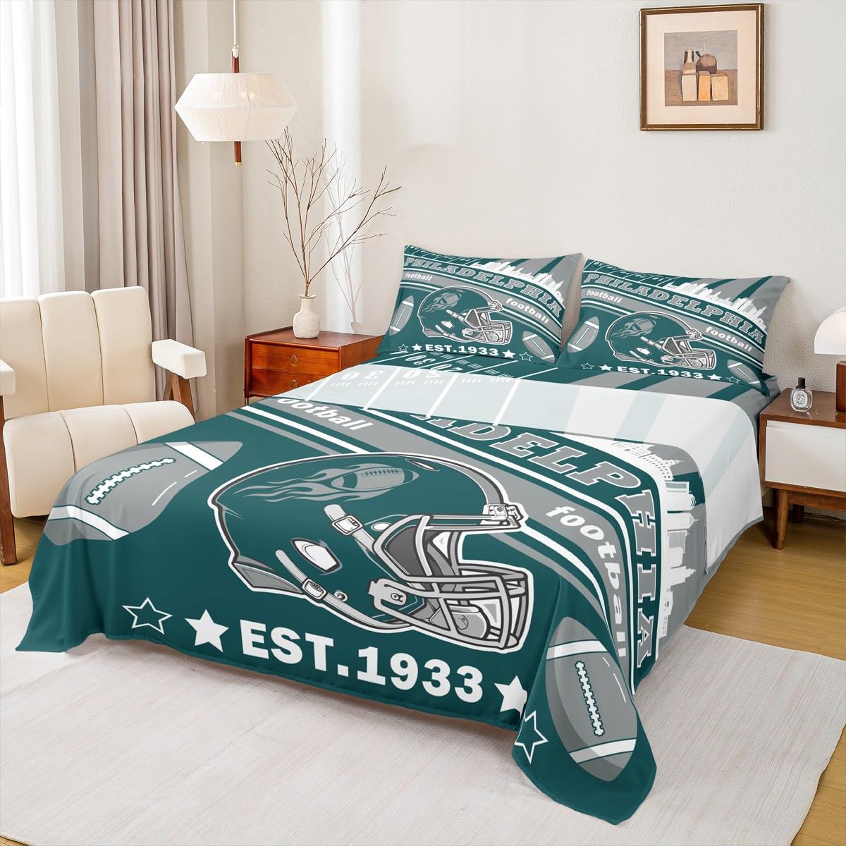 Feelyou Football Bed Sheets Set Full Size Boys Women Men Football City Fitted Sheet with 16 Inch Deep Pockets Rugby Sports Bedding Set