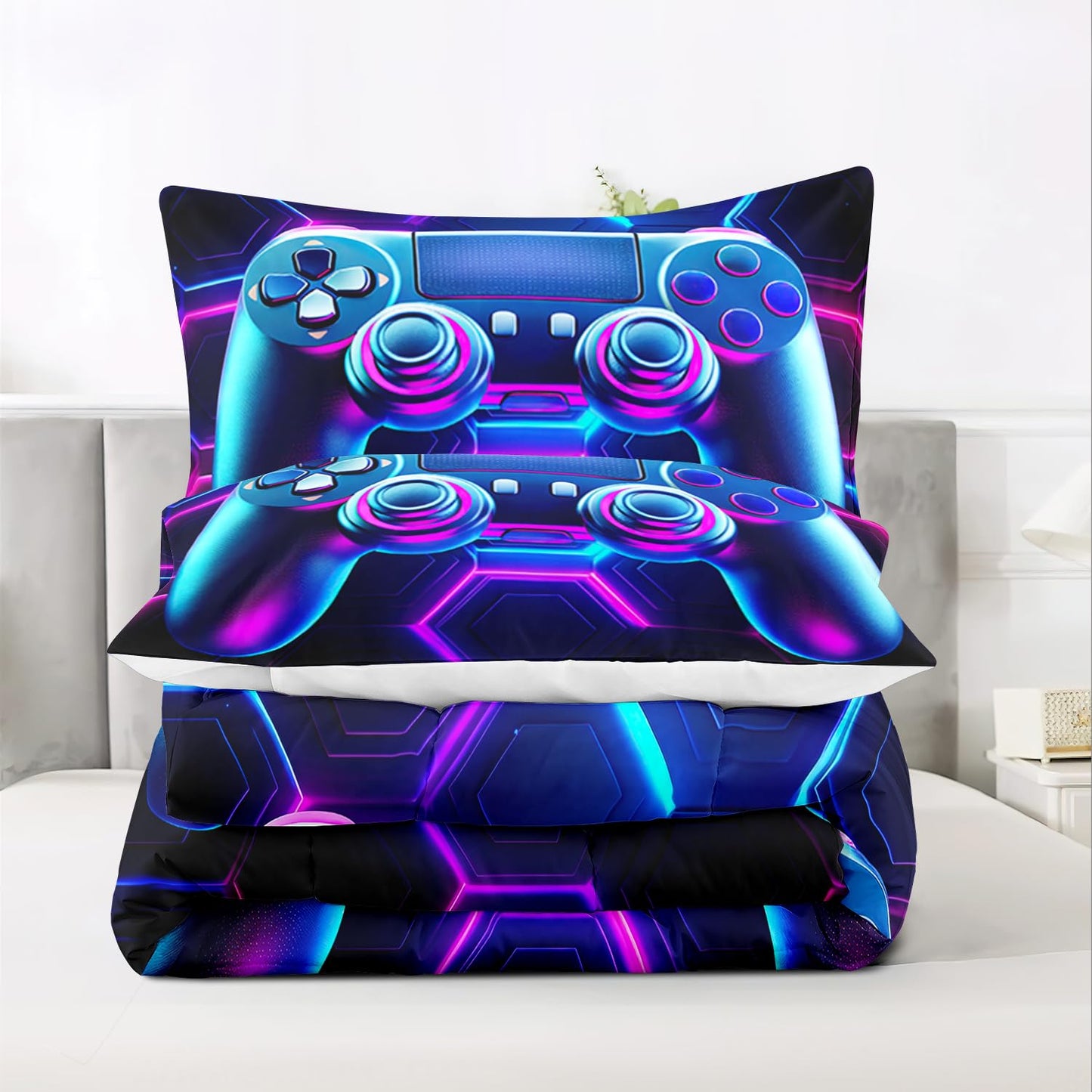 Raphus cucullatus Gaming Gamer Comforter Set for Boys Blue Gaming Quilt Gamepad Bedding Bed Set Queen Size,Video Game Decor for Boys Room