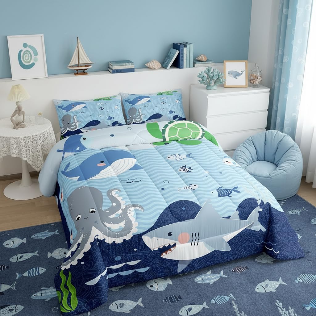Homewish Shark and Whale Comforter Set,Cartoon Sea Animal Bedding Set for Kids Girls Women,Adults Octopus Turtle Comforter,Underwater World Quilted Duvet Set Bedroom Collection Twin Size 2Pcs
