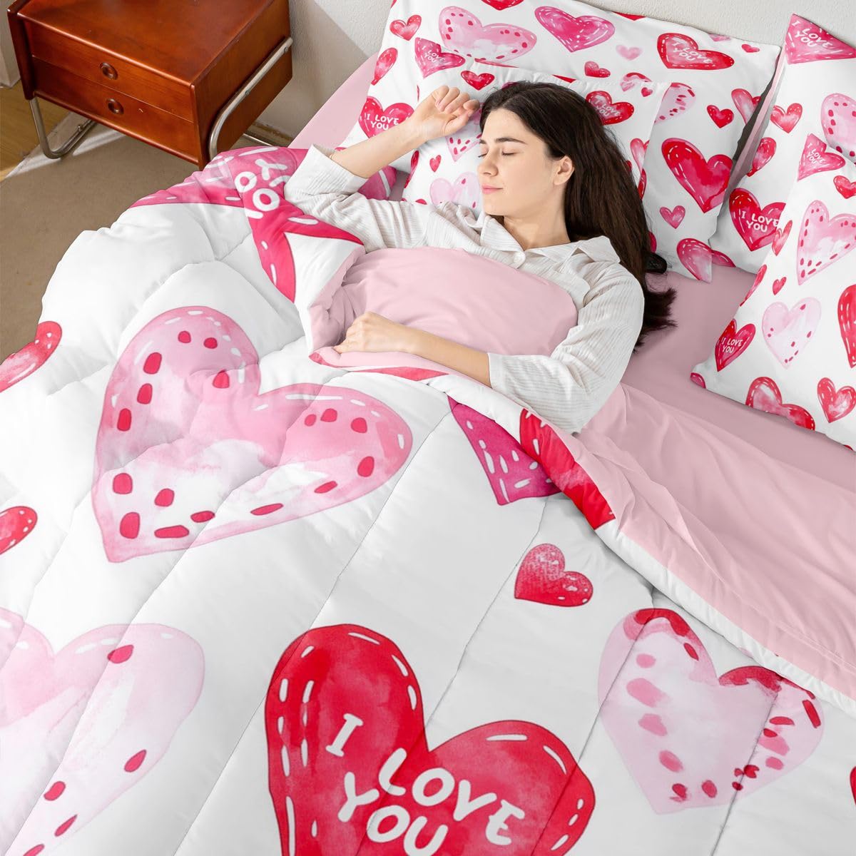 Erosebridal Princess Pink Love Comforter Sets with Sheets - Cute Heart Printed Bedding Set Full for Boys Girls Valentines Day Themed 7Pcs Bed in A Bag Romance Gifts Bed Set