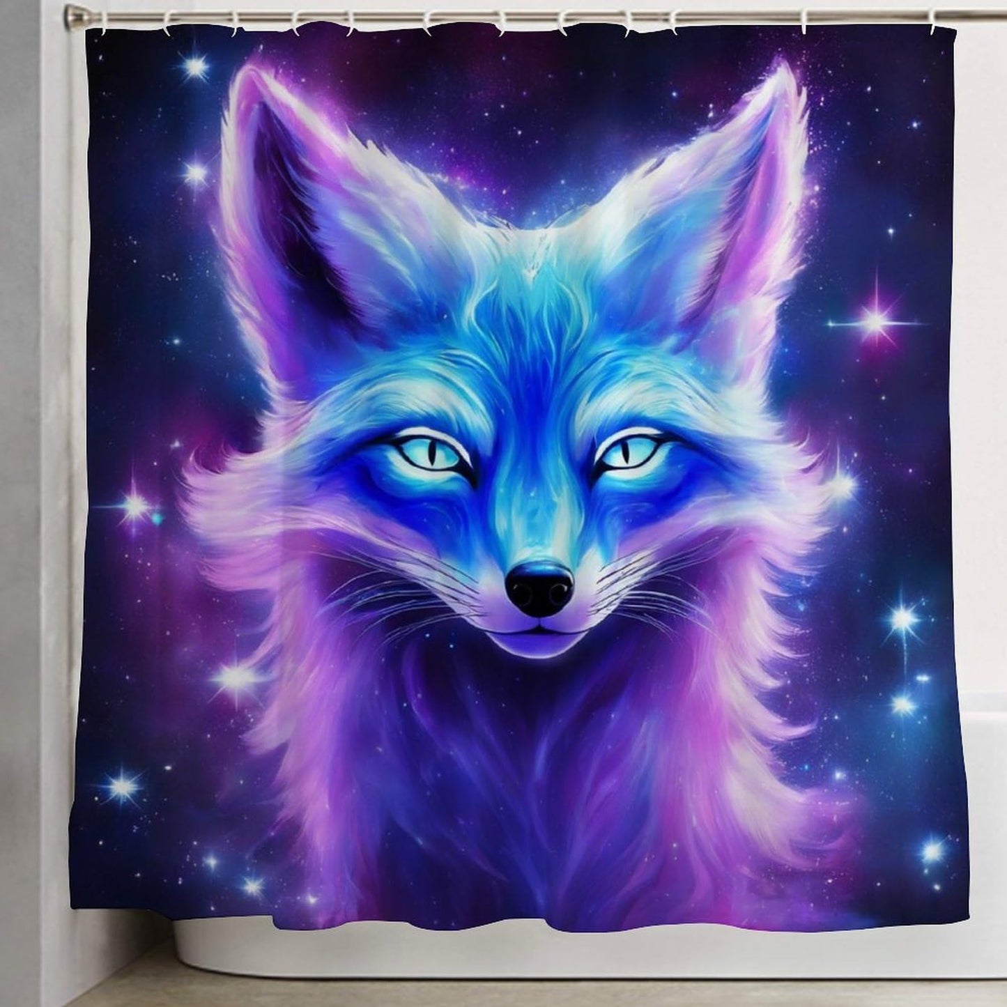 Bathroom Shower Curtain Set, Purple Blue Fox Galaxy Starry Sky Water Resistant Fabric with Curtain Hooks, 72"x 70"