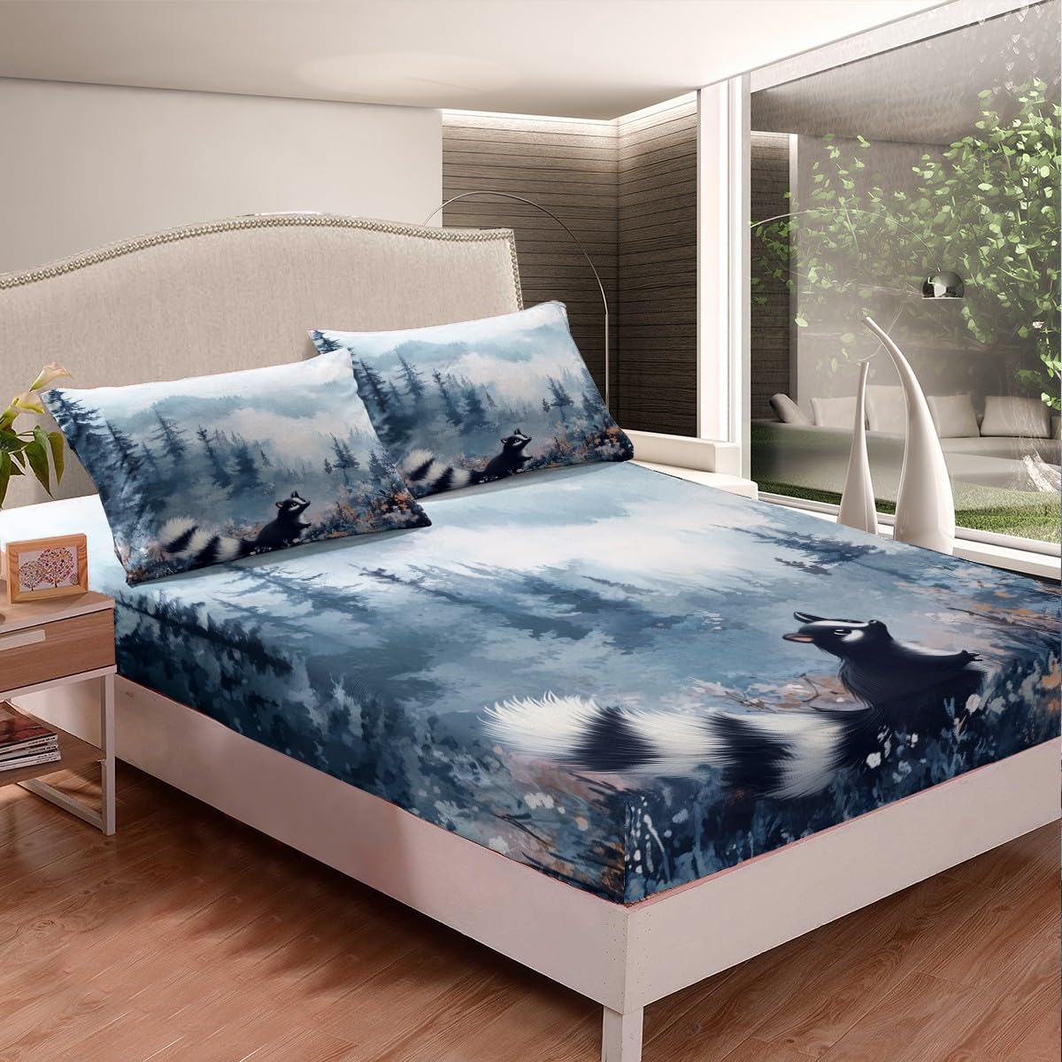 Erosebridal Kids Skunk Fitted Sheet Queen Size, Cute Wild Animals Bed Sheets Smoky Mountain Bedding Set for Boys Girls Teens Adult Women Bedroom, Farmhouse Flower Wildlife Sheets