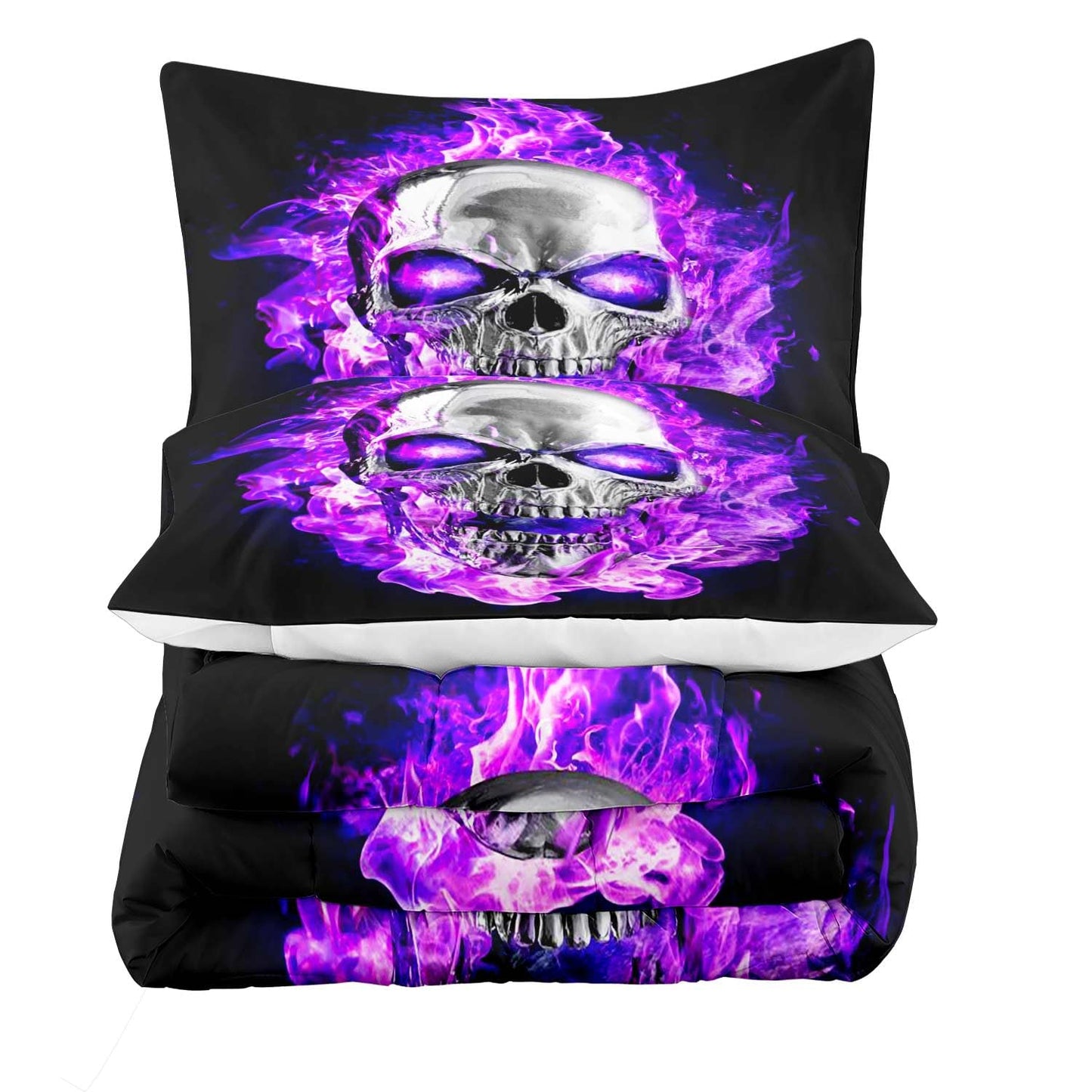 LUVIVIHOME 3PCS Skull Comforter Set King Size, Purple Fire Skull Bedding Sets, Cool 3D Flame Skeleton Cool Bedroom Decor for Men Teen Boys, Soft Microfiber Black Quilt, 2 Pillow Shams