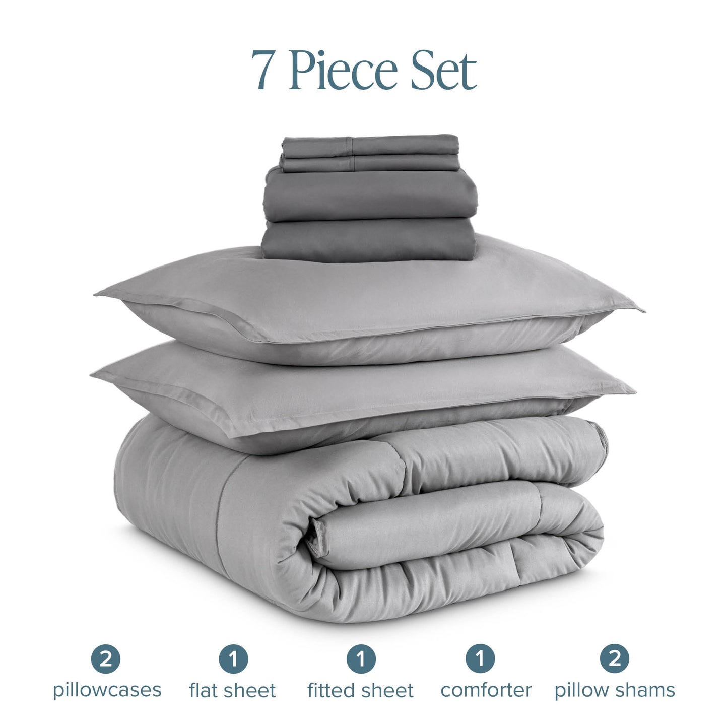 Bare Home Bed-in-A-Bag 7 Piece Comforter & Sheet Set - Queen - Goose Down Alternative - Ultra-Soft 1800 Premium - Bedding Set (Queen, Light Grey/Grey)