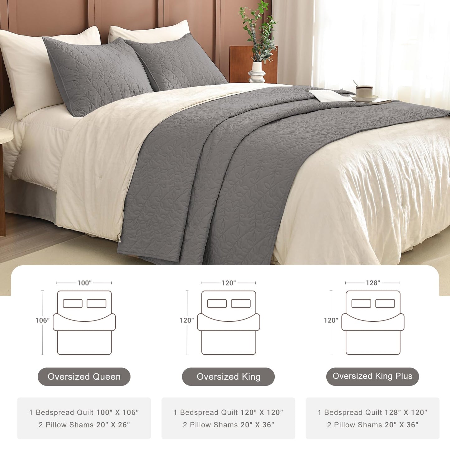 Masaca Oversized King Bedspread 128"x120",Grey Leaf Pattern King Quilt Bedding Set Oversized,3 Pieces Soft Lightweight Gray Extra Large Farmhouse Bedspread & Coverlet Sets