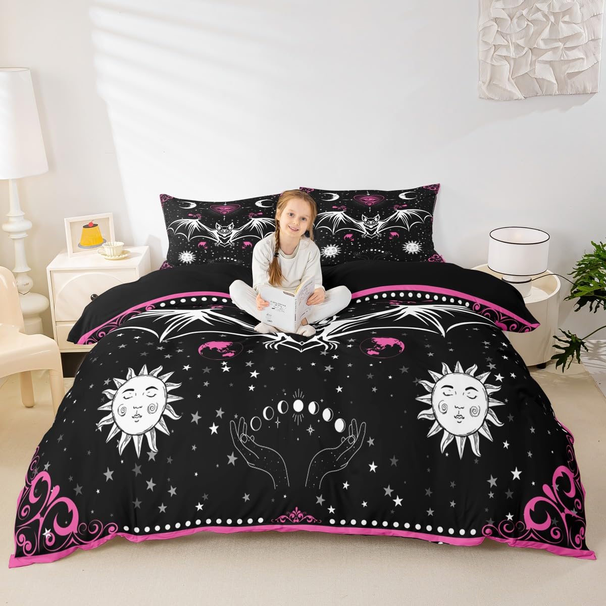 Bat Duvet Cover Set King Size Sun Moon Starry Galaxy Bedding Set Gothic Style Wild Animals Comforter Cover for Kids Boys Girls Teens Bedroom Decor Pink Floral Exotic Black White Quilt Cover 3Pcs