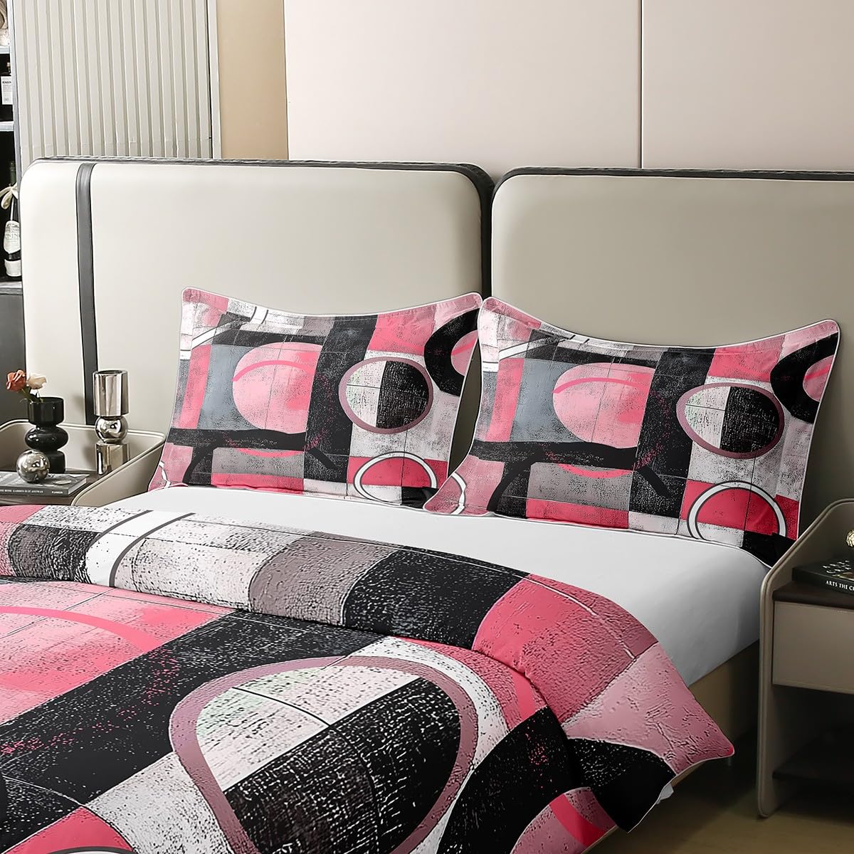 jejeloiu Pink Coal Black Circle Duvet Cover 100% Cotton King Size Kids Abstract Geometric Comforter Cover for Boys Girls Teens Stripe Line Bedding Set Breathable Soft Room Decor