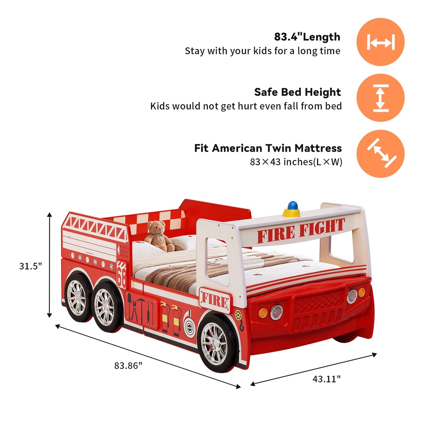 LKTART Twin Size Car Bed for Kids, Fire Truck-Shaped Wooden Platform Bed Frame with LED Lights, Headboard Wheels and Support Slats for Boys Toddlers Child's Bedroom (Red)