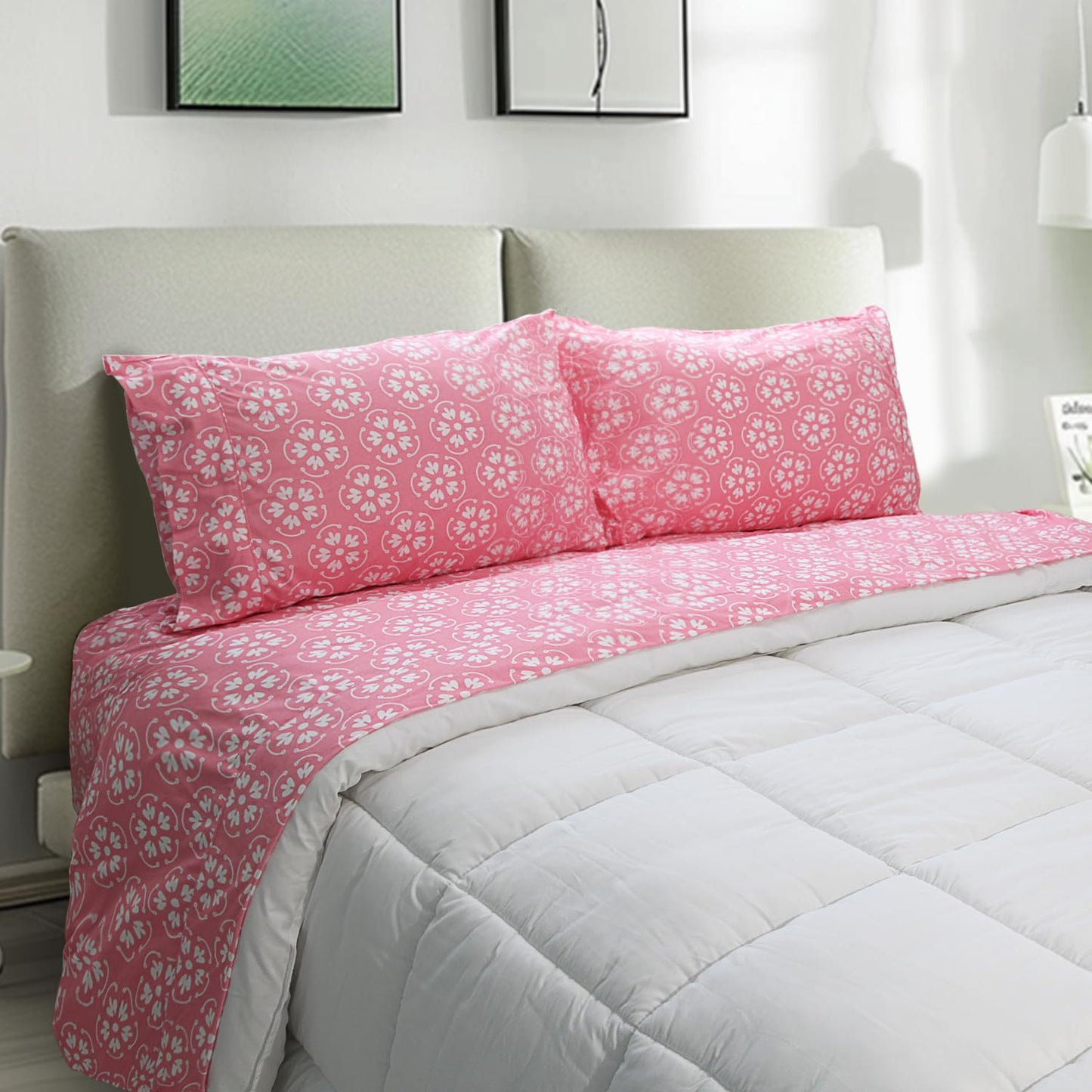 Marquess Microfiber Flannel Sheet Set - Ultra Soft Printed Bedding Collection, 16 Inches Deep Pocket, Flannel Bed Set Includes 1 Flat Sheet, 1 Fitted Sheet & 2 Pillowcases (Queen, Pink Blossom)